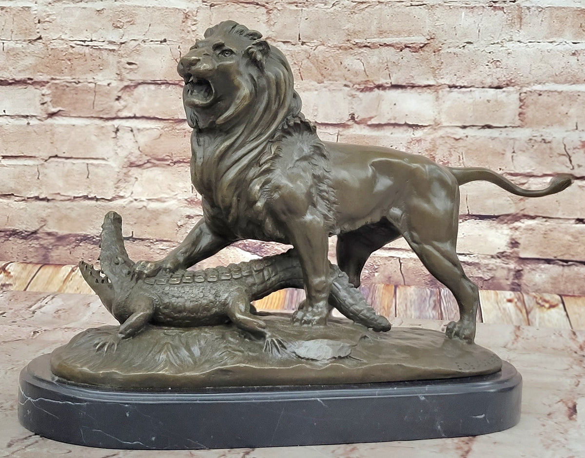 Majestic Bronze Lion vs Crocodile Statue by Delabrierre; Wildlife Showdown on Marble Base
