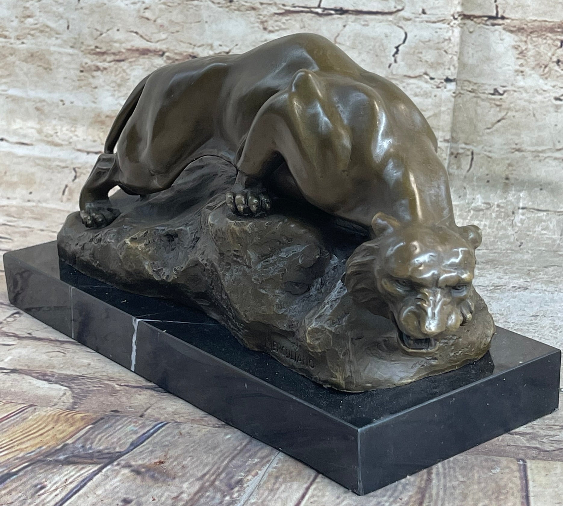 Sabre Tooth Tiger Lion Panther Bronze Sculpture Statue on Marble Base