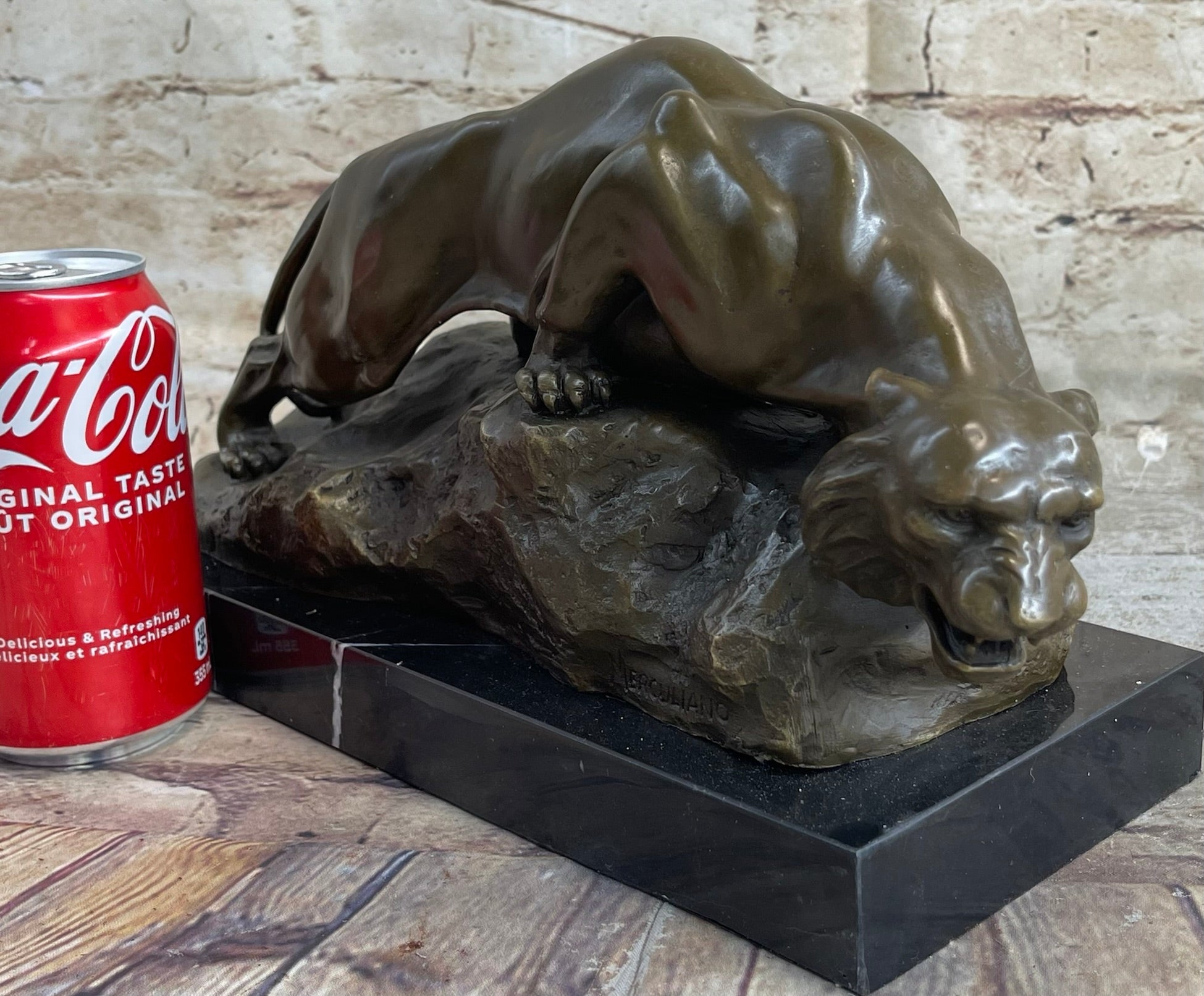 Sabre Tooth Tiger Lion Panther Bronze Sculpture Statue on Marble Base