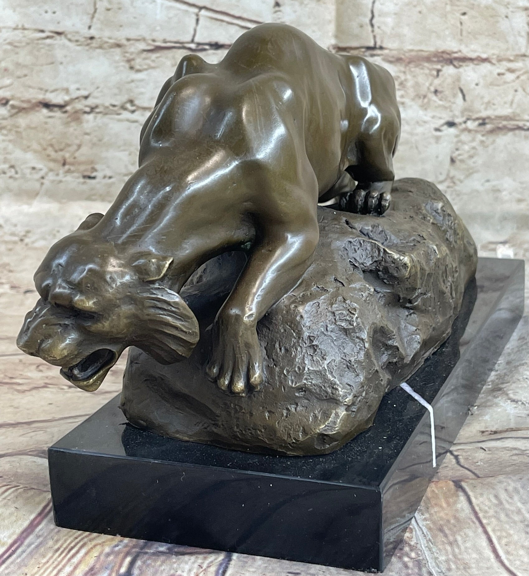 Sabre Tooth Tiger Lion Panther Bronze Sculpture Statue on Marble Base