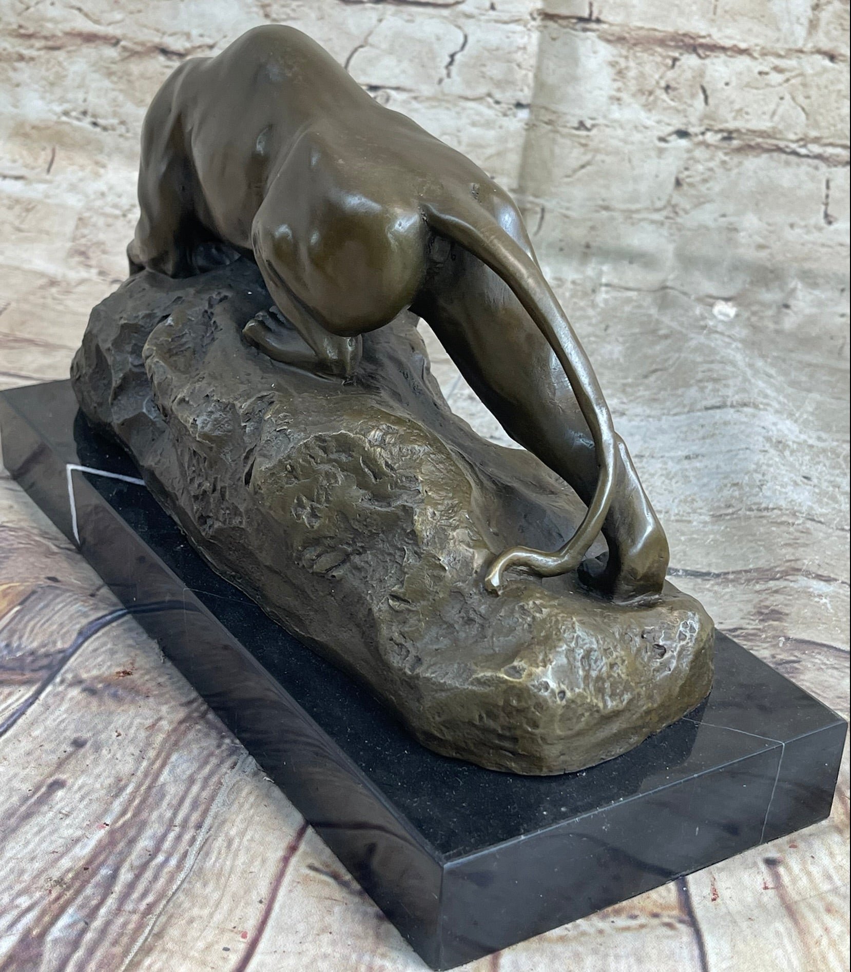 Sabre Tooth Tiger Lion Panther Bronze Sculpture Statue on Marble Base