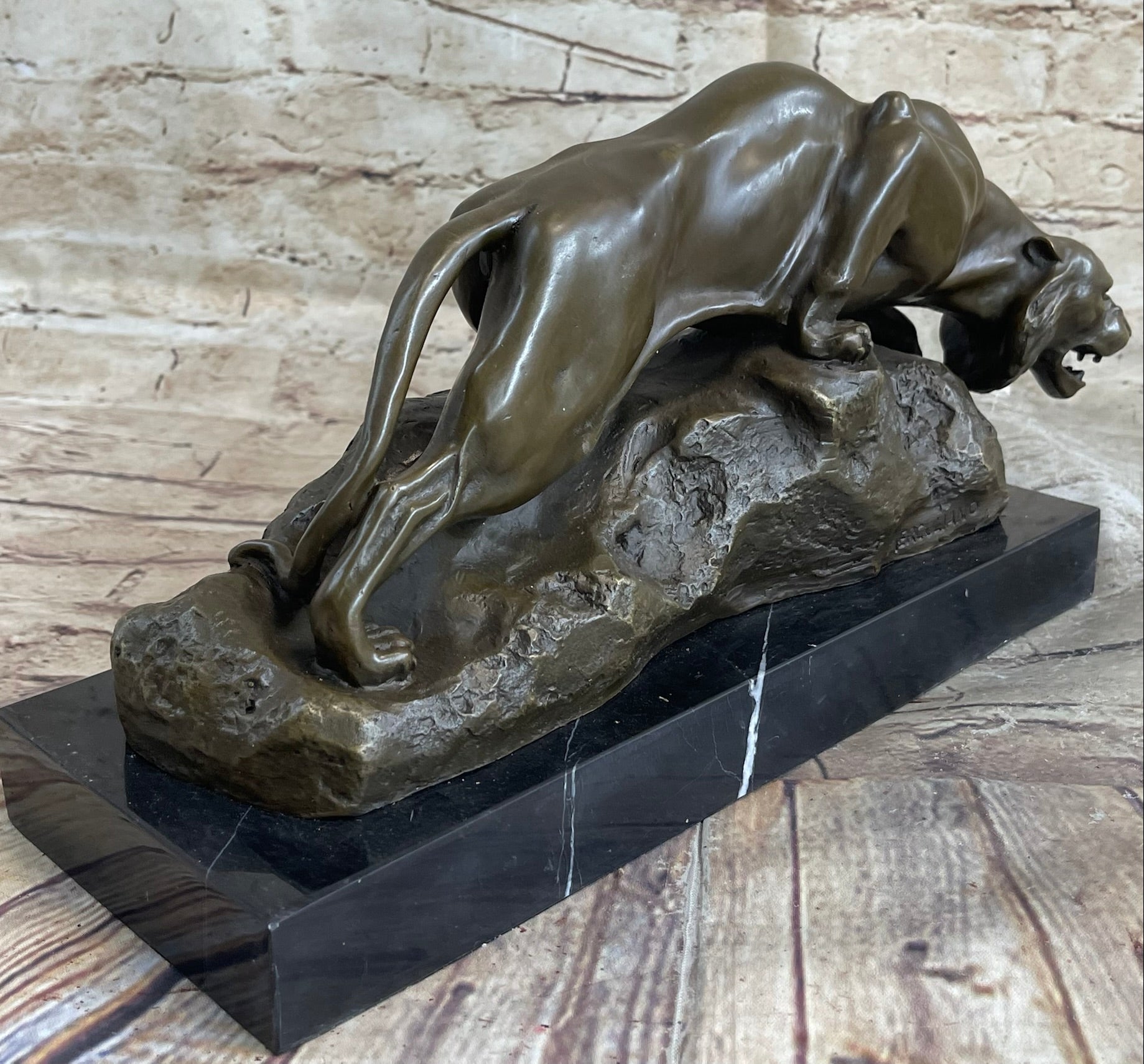 Sabre Tooth Tiger Lion Panther Bronze Sculpture Statue on Marble Base