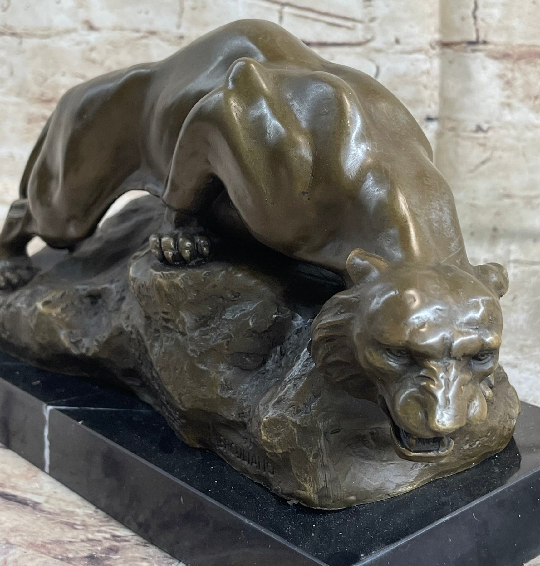 Sabre Tooth Tiger Lion Panther Bronze Sculpture Statue on Marble Base
