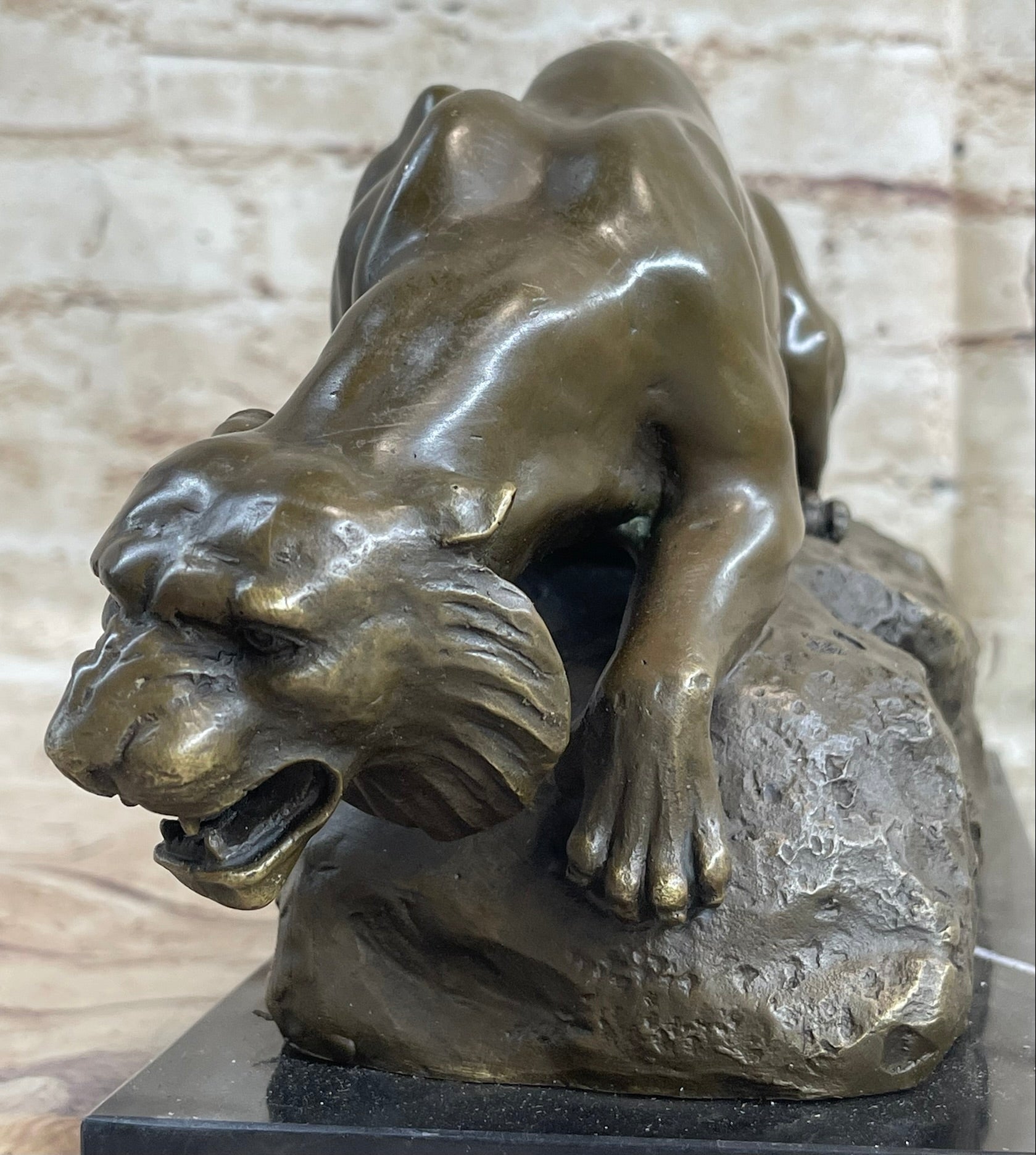 Sabre Tooth Tiger Lion Panther Bronze Sculpture Statue on Marble Base