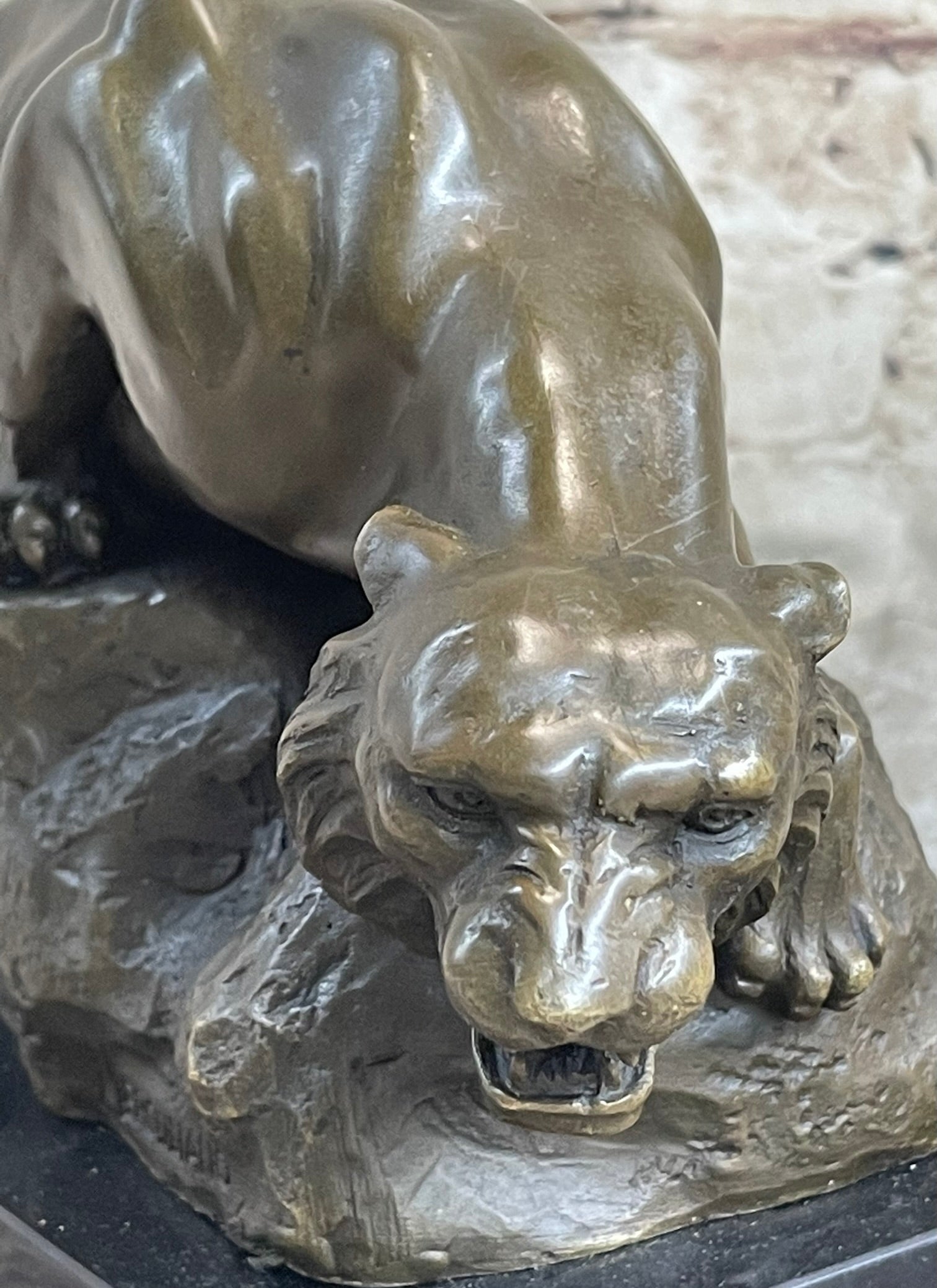 Sabre Tooth Tiger Lion Panther Bronze Sculpture Statue on Marble Base