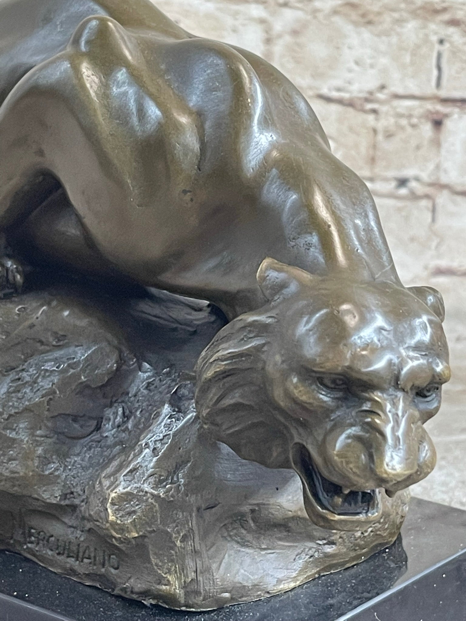 Sabre Tooth Tiger Lion Panther Bronze Sculpture Statue on Marble Base