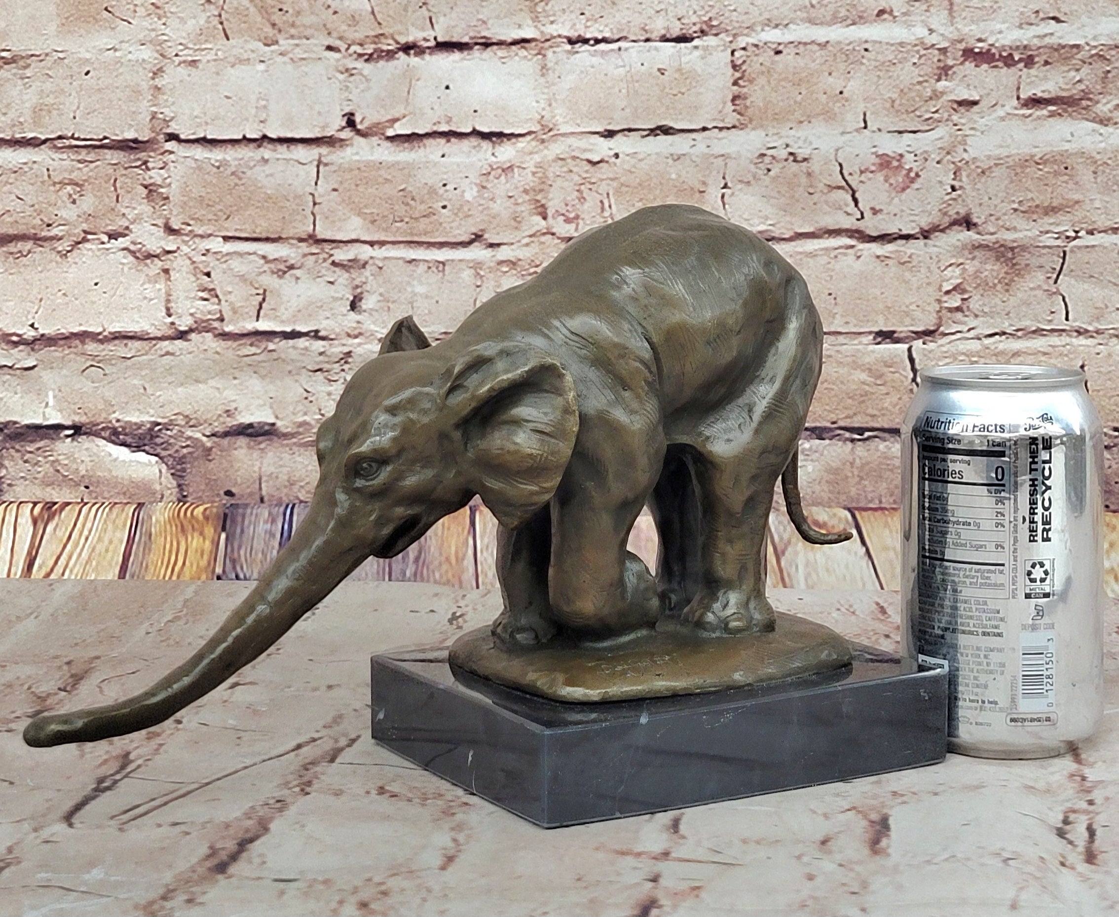 Bronze Elephant Sculpture with Outstretched Trunk; Wildlife Art on Marble Base