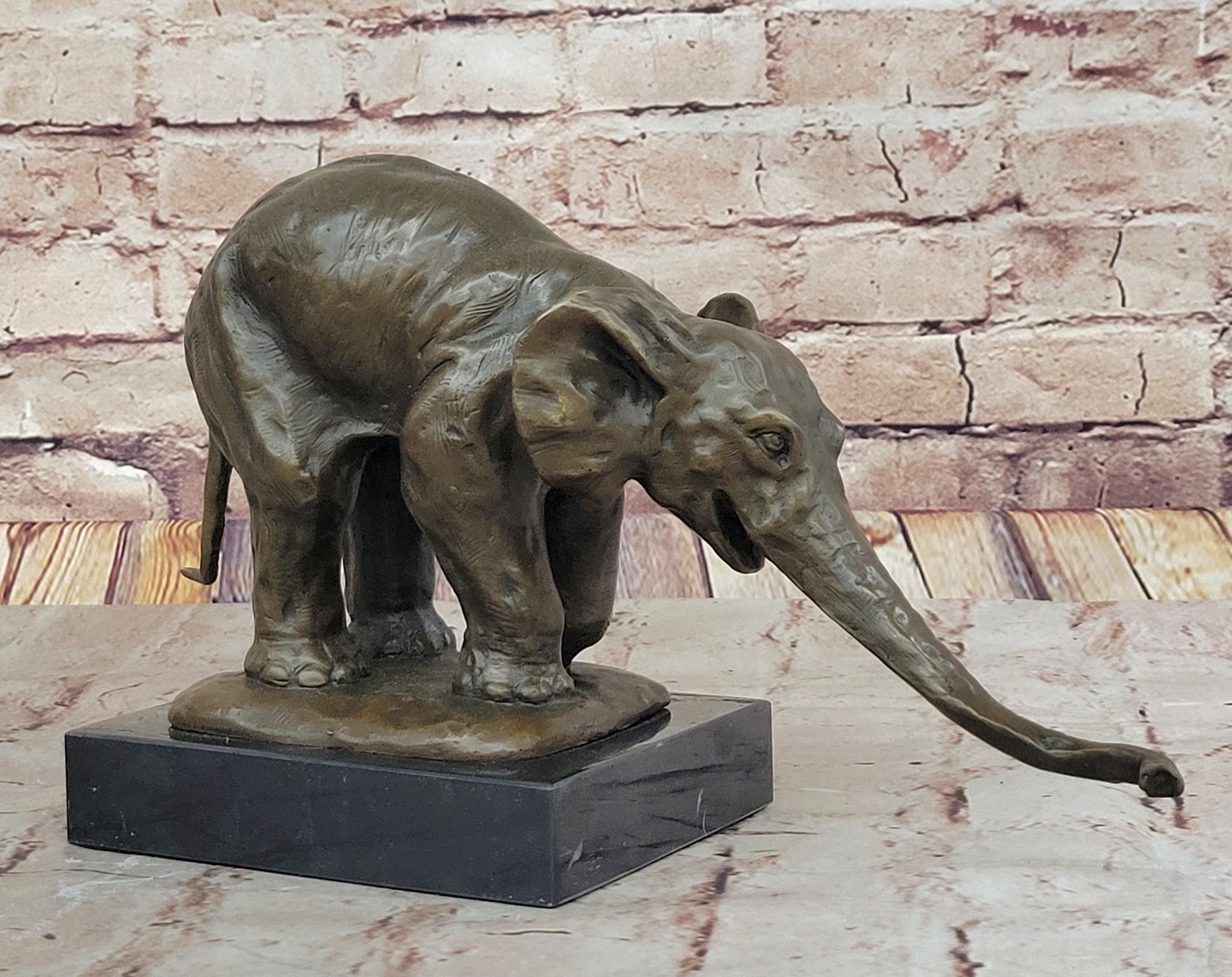 Bronze Elephant Sculpture with Outstretched Trunk; Wildlife Art on Marble Base