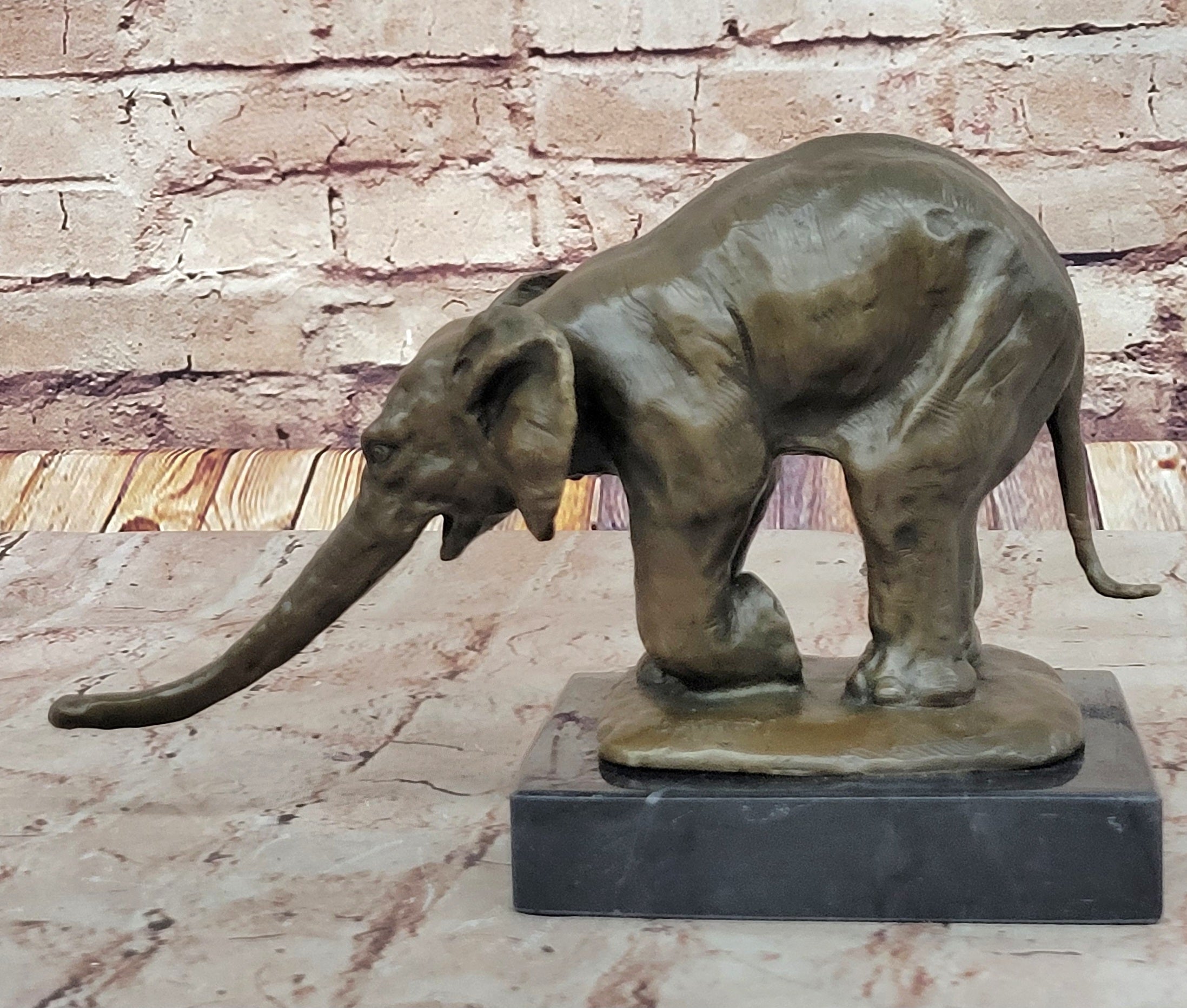 Bronze Elephant Sculpture with Outstretched Trunk; Wildlife Art on Marble Base