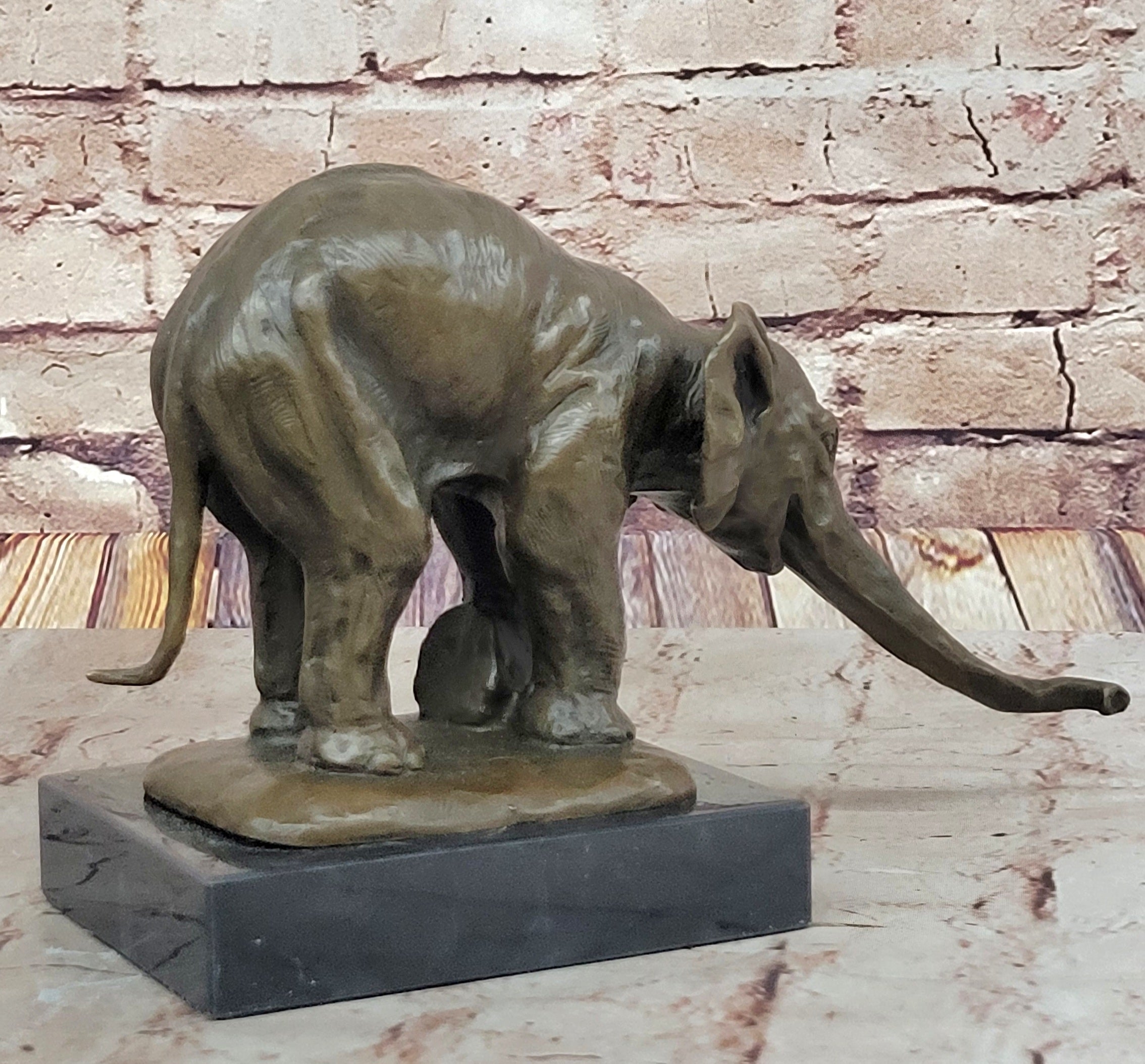 Bronze Elephant Sculpture with Outstretched Trunk; Wildlife Art on Marble Base