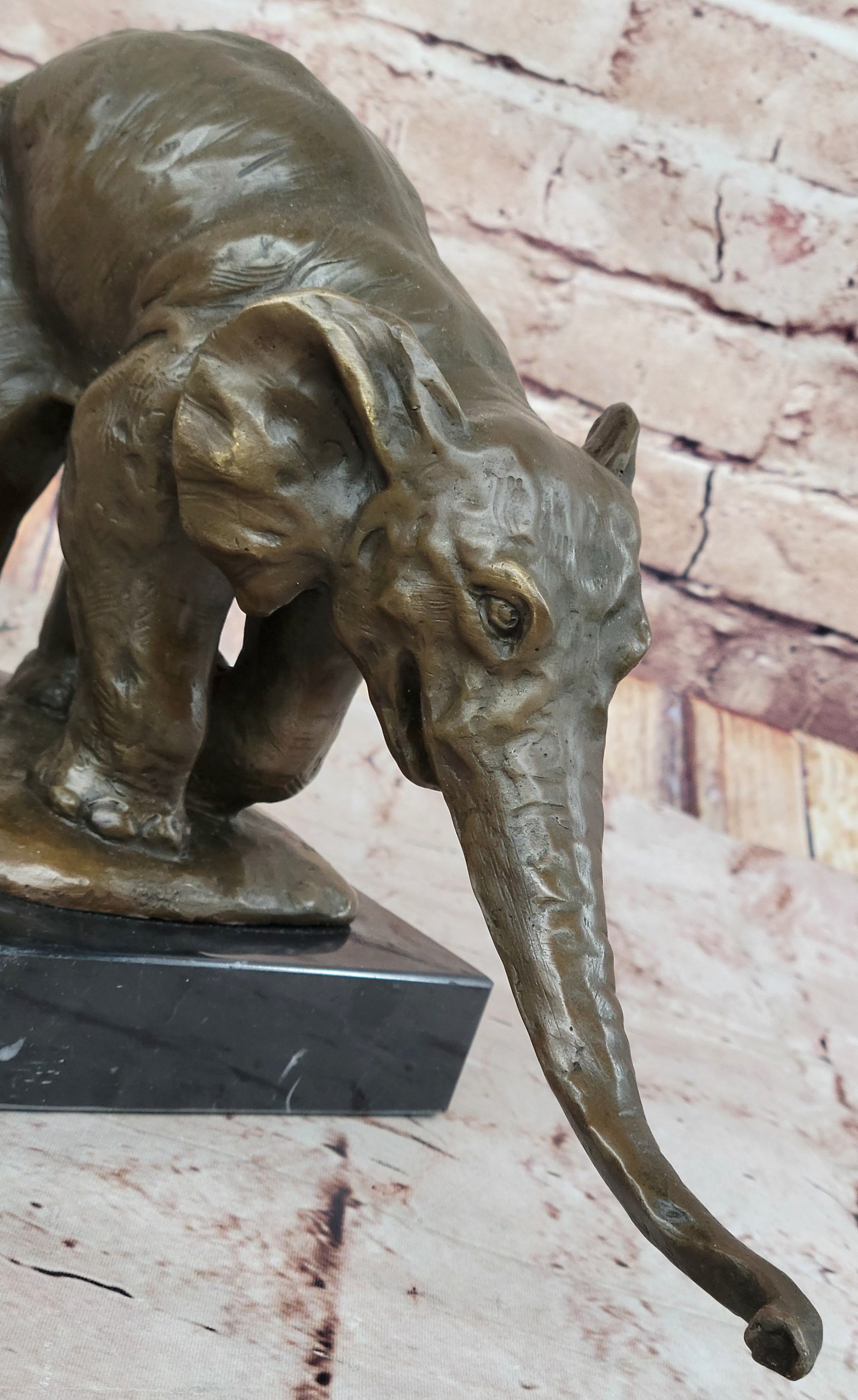 Bronze Elephant Sculpture with Outstretched Trunk; Wildlife Art on Marble Base