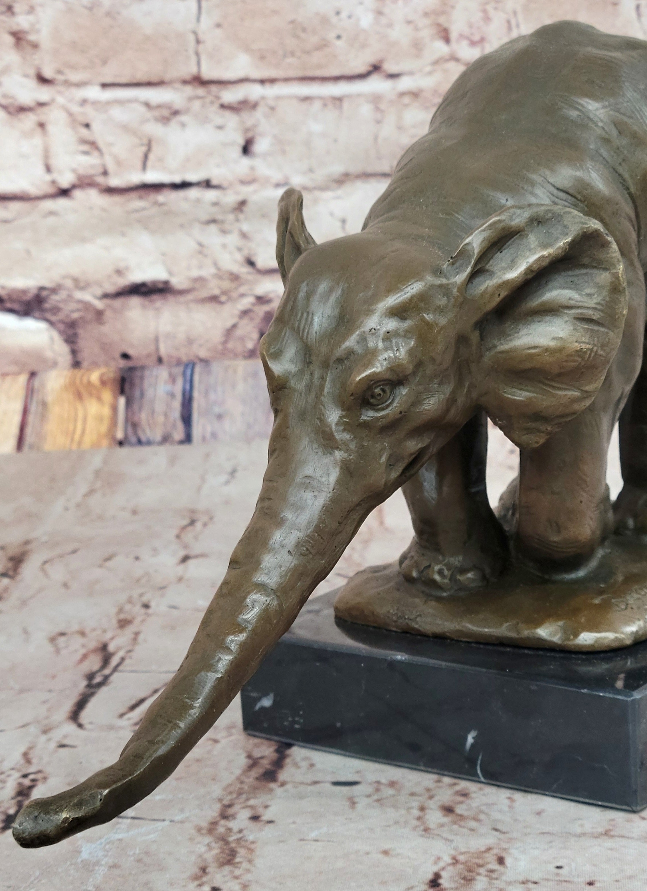 Bronze Elephant Sculpture with Outstretched Trunk; Wildlife Art on Marble Base
