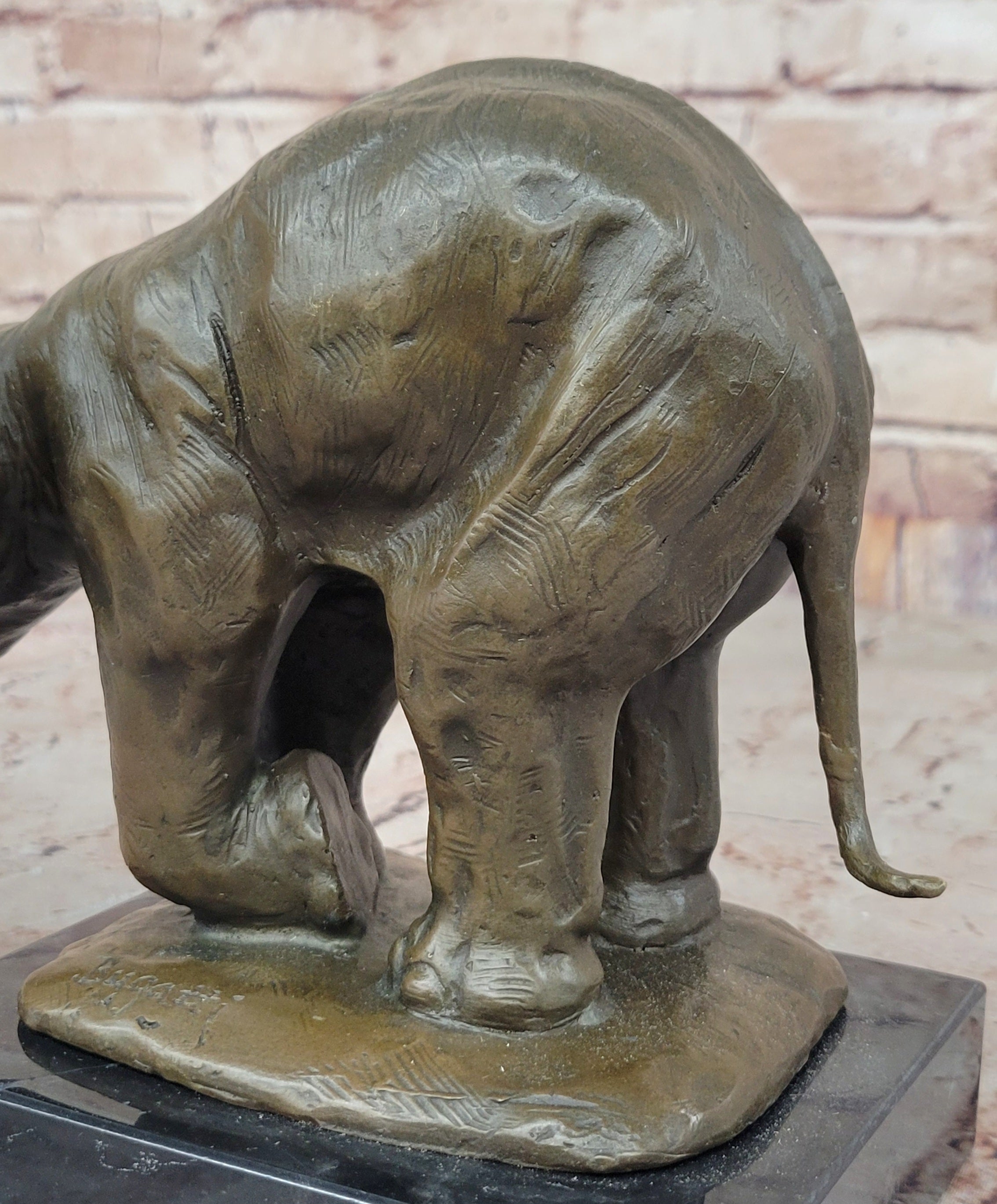 Bronze Elephant Sculpture with Outstretched Trunk; Wildlife Art on Marble Base