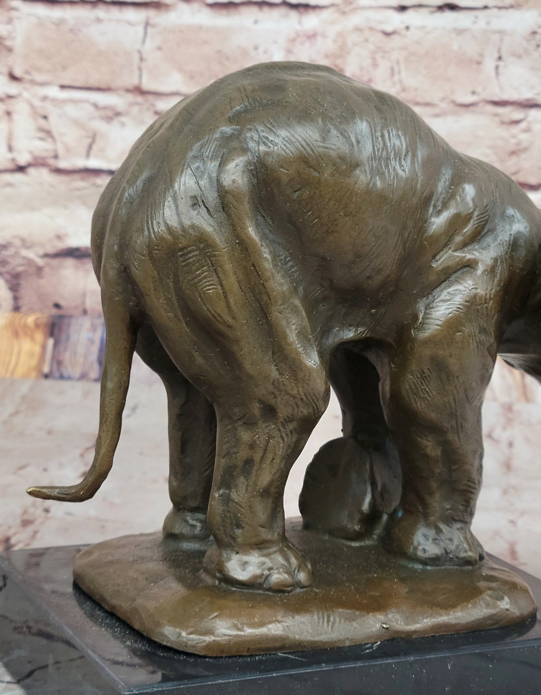 Bronze Elephant Sculpture with Outstretched Trunk; Wildlife Art on Marble Base