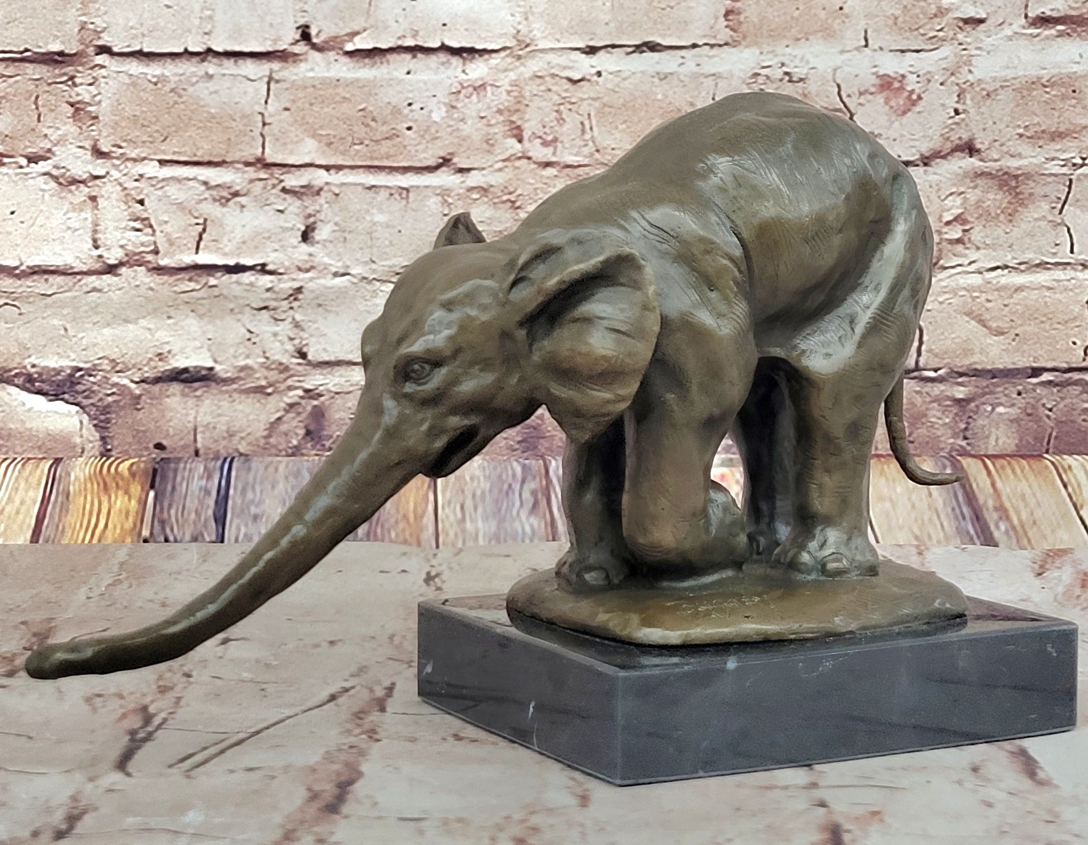 Bronze Elephant Sculpture with Outstretched Trunk; Wildlife Art on Marble Base