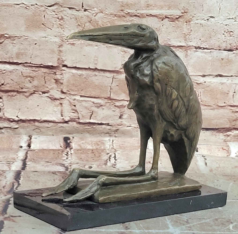 Bronze Stork Pelican Bird Sculpture with Long Beak and Legs on Marble Base