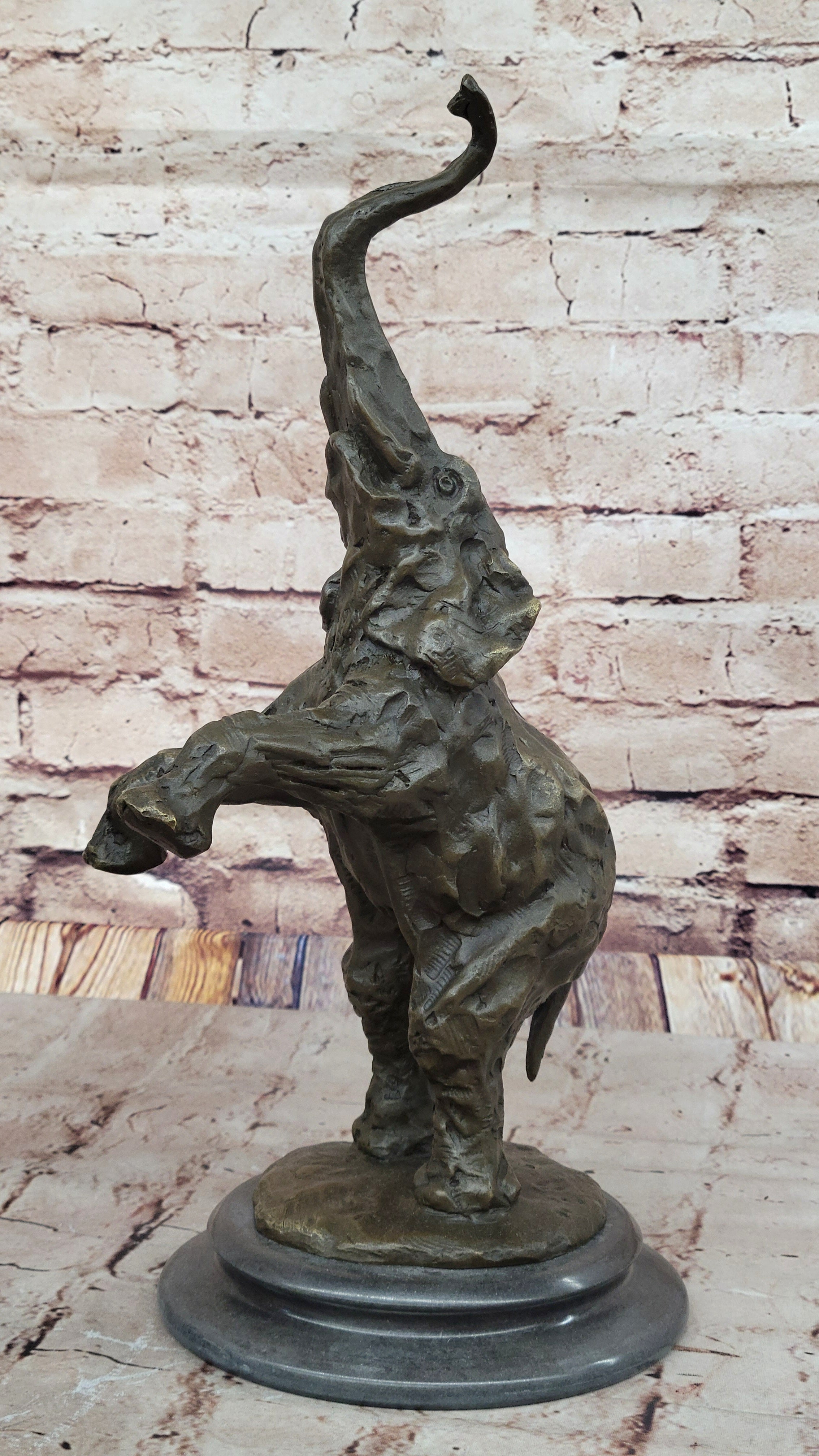 Majestic Rearing Elephant Bronze Statue; Wildlife Sculpture on Marble Base