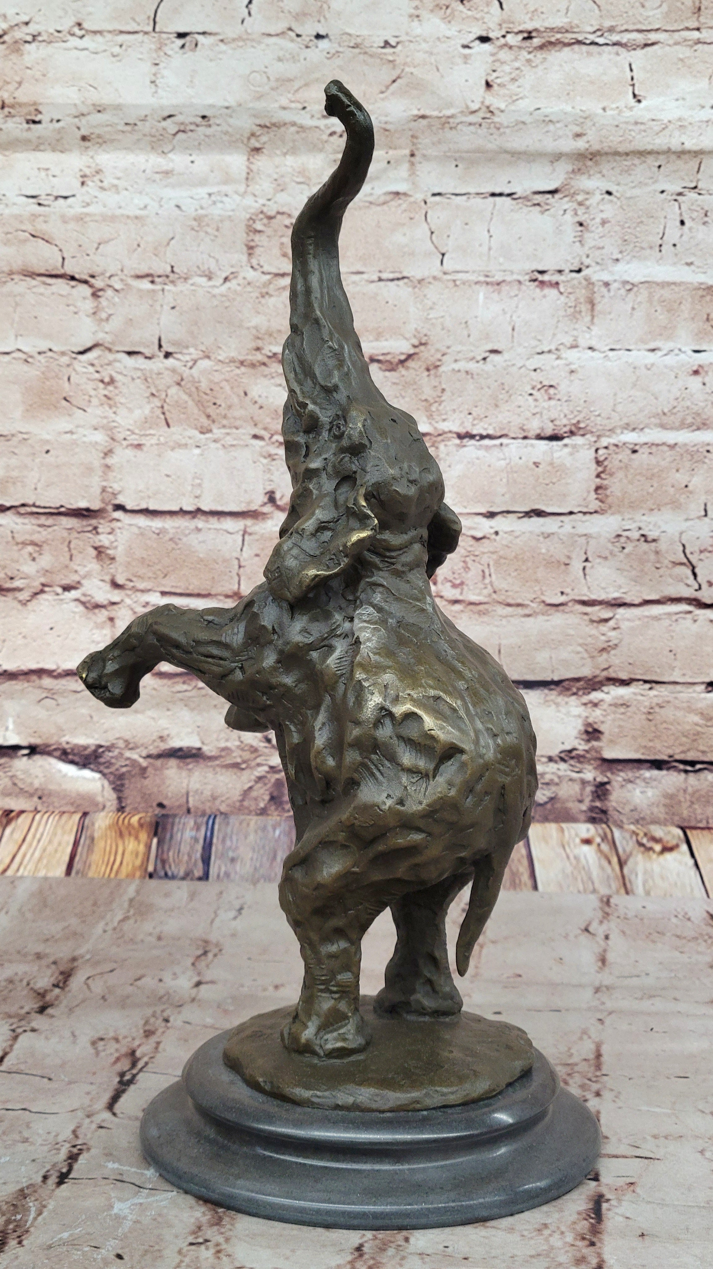 Majestic Rearing Elephant Bronze Statue; Wildlife Sculpture on Marble Base