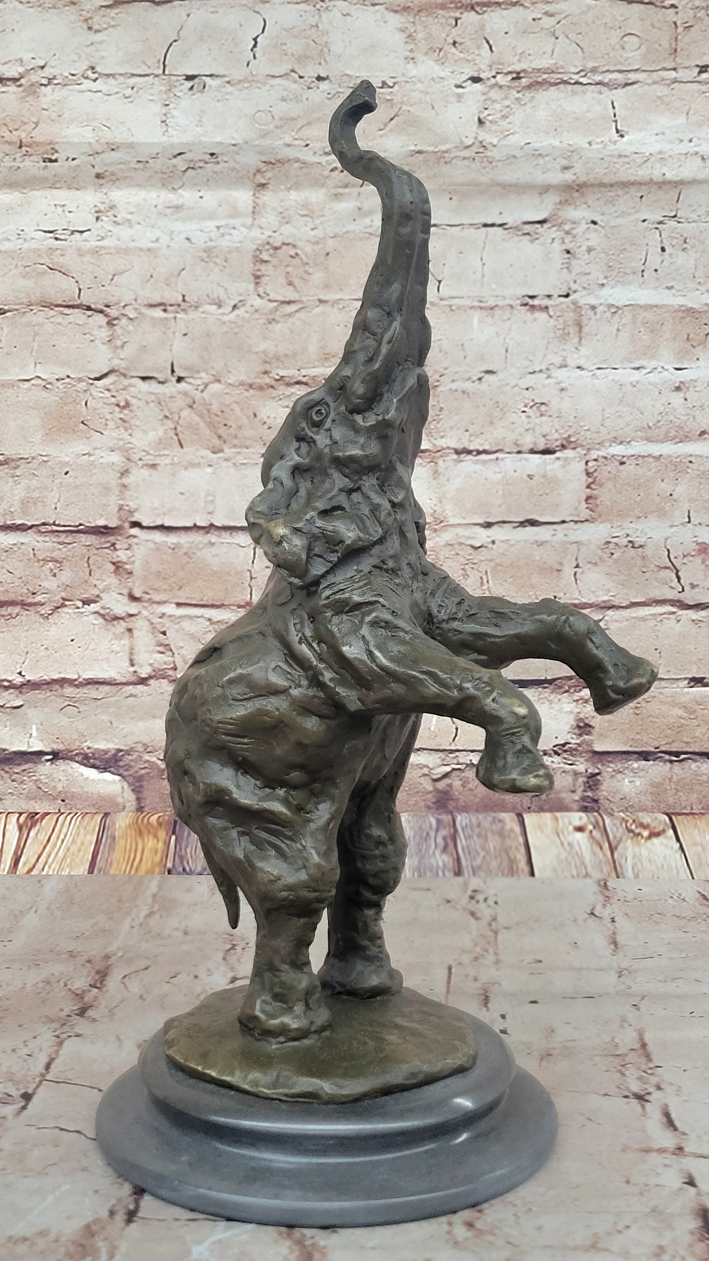 Majestic Rearing Elephant Bronze Statue; Wildlife Sculpture on Marble Base