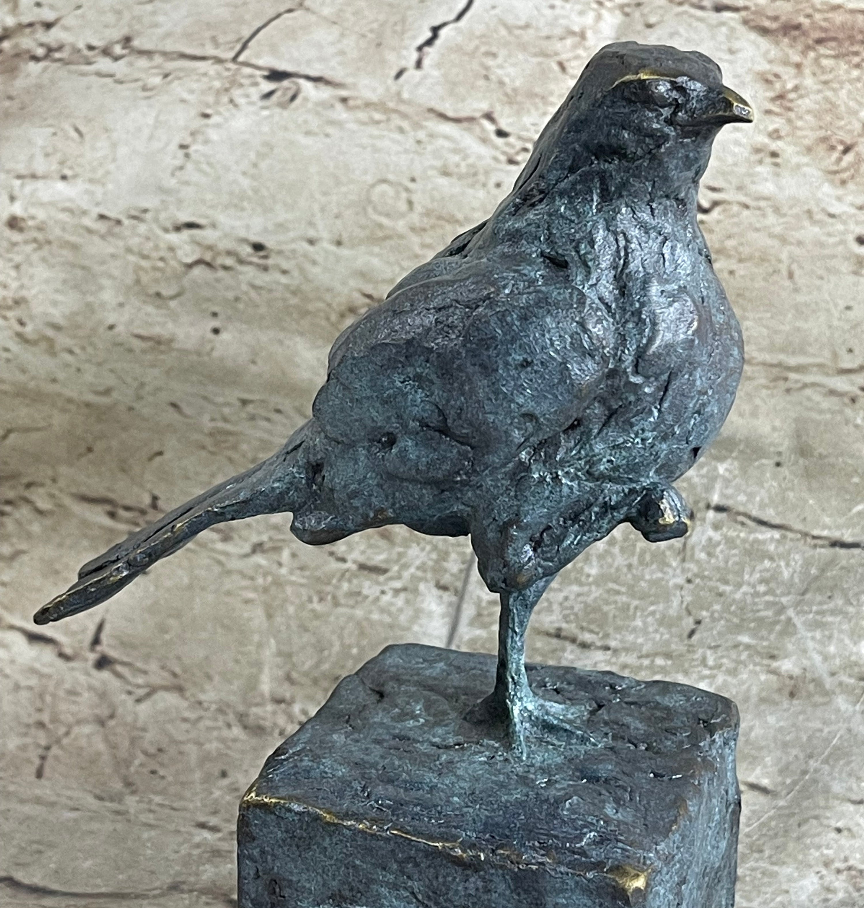 Hot Cast Bronze Green Patina Bird Sculpture Statue Figure on Marble Base