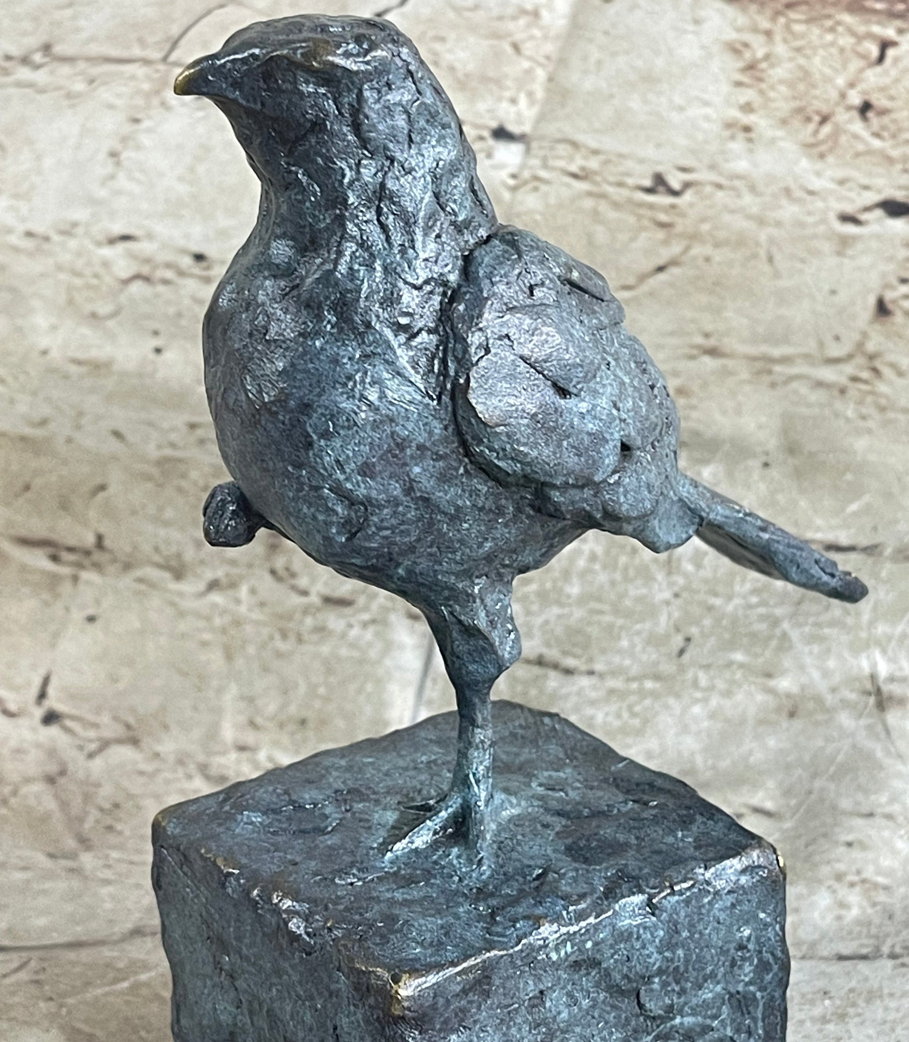 Hot Cast Bronze Green Patina Bird Sculpture Statue Figure on Marble Base