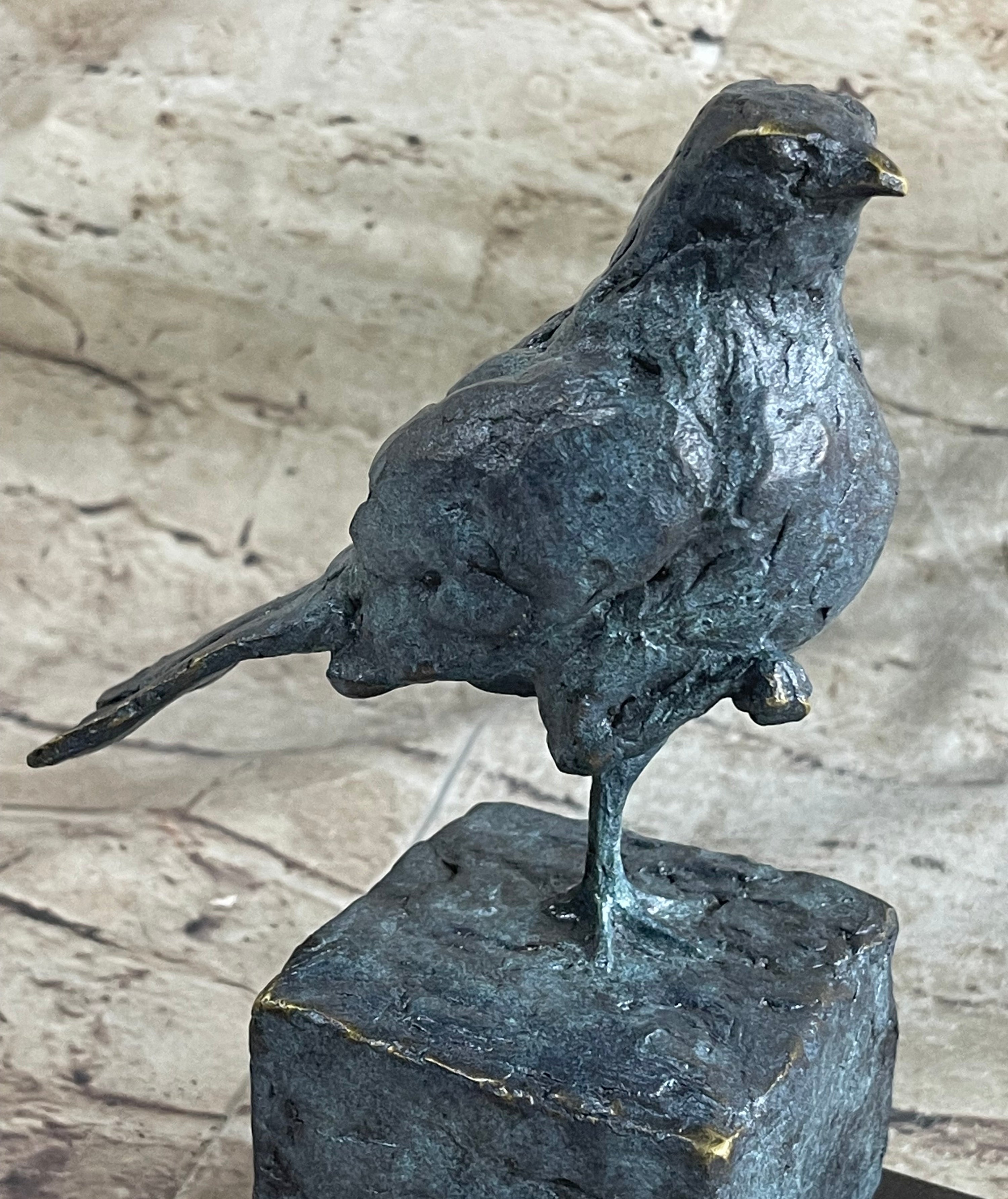 Hot Cast Bronze Green Patina Bird Sculpture Statue Figure on Marble Base