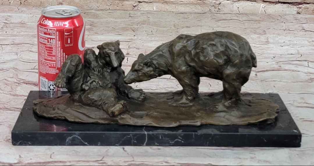 Two Playful Bears Bronze Sculpture Statue Bear Figure on Marble Base by Milo