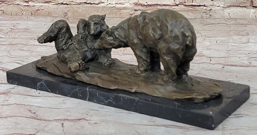 Two Playful Bears Bronze Sculpture Statue Bear Figure on Marble Base by Milo