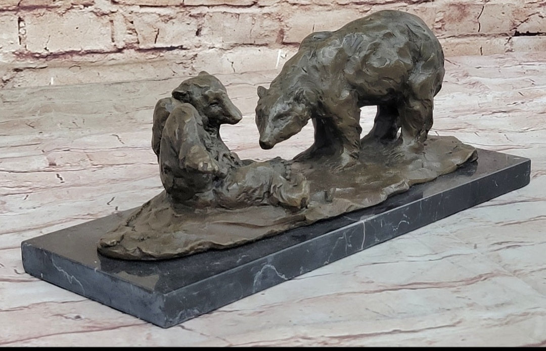 Two Playful Bears Bronze Sculpture Statue Bear Figure on Marble Base by Milo