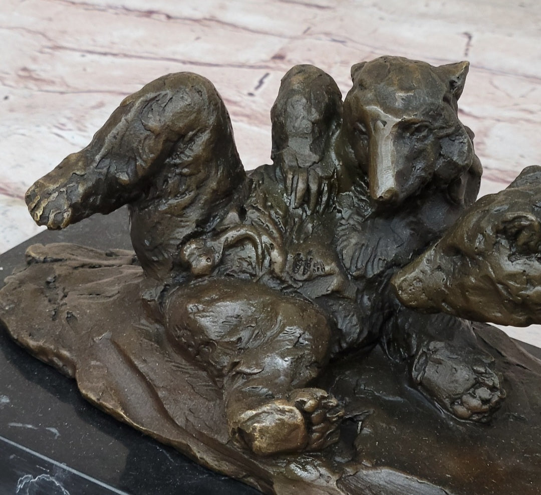 Two Playful Bears Bronze Sculpture Statue Bear Figure on Marble Base by Milo
