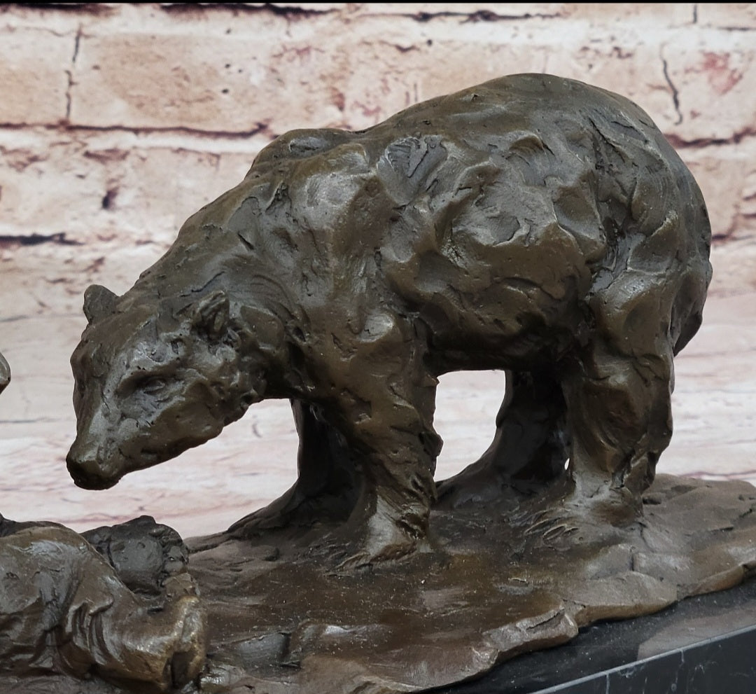 Two Playful Bears Bronze Sculpture Statue Bear Figure on Marble Base by Milo