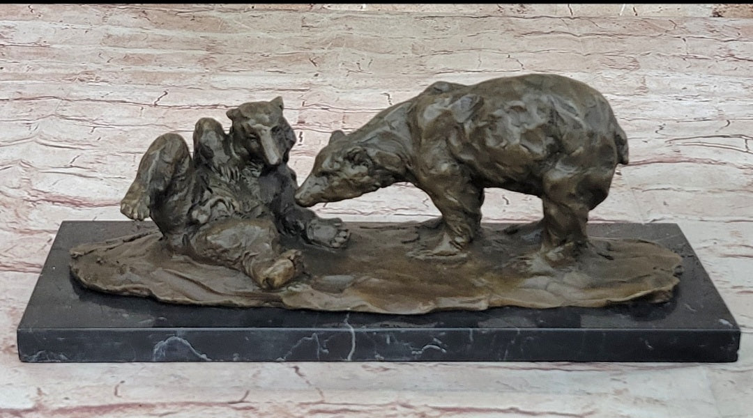 Two Playful Bears Bronze Sculpture Statue Bear Figure on Marble Base by Milo