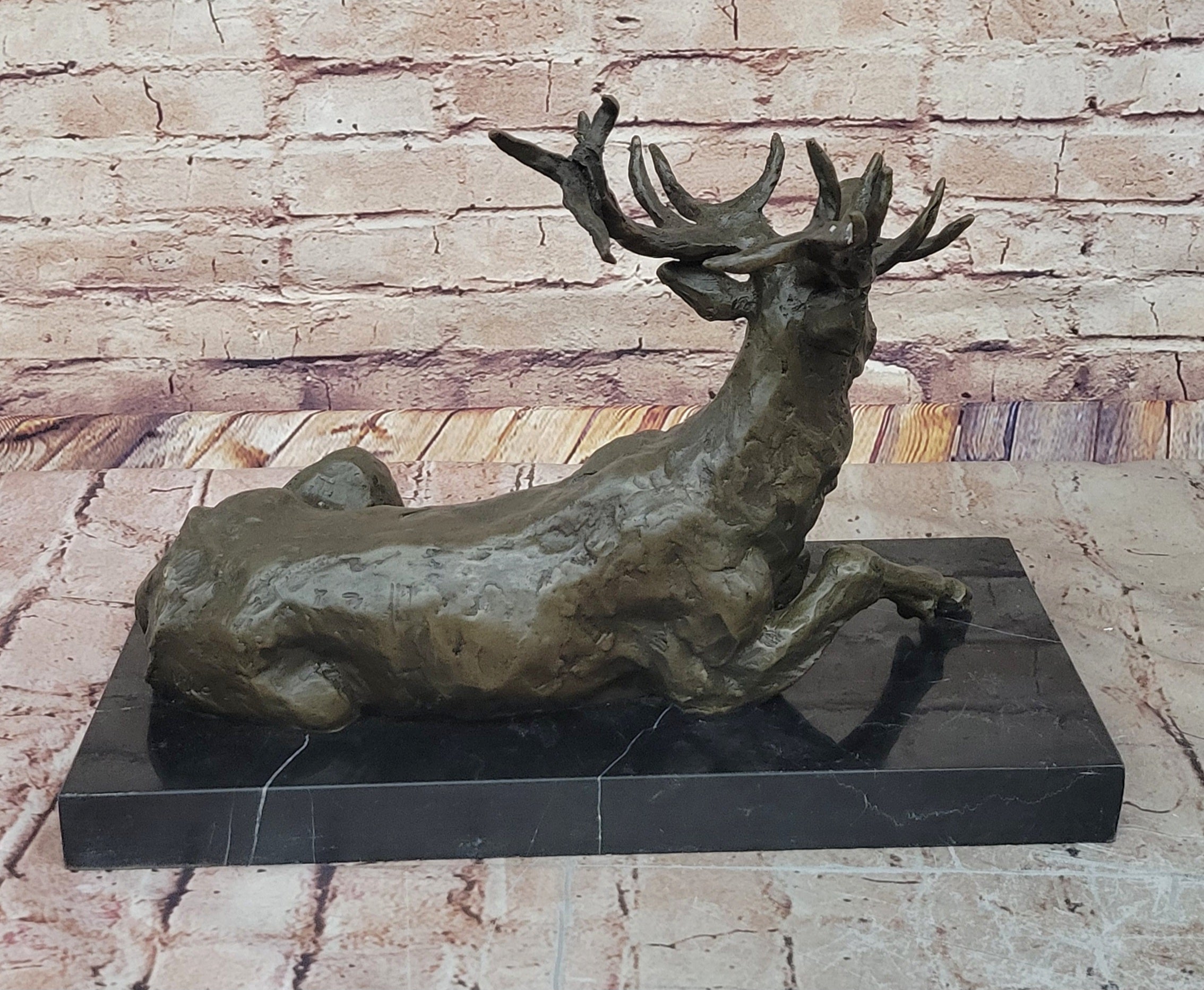 Stag Buck Elk Deer Laying Down - Bronze Wildlife Sculpture by Milo on Marble Base
