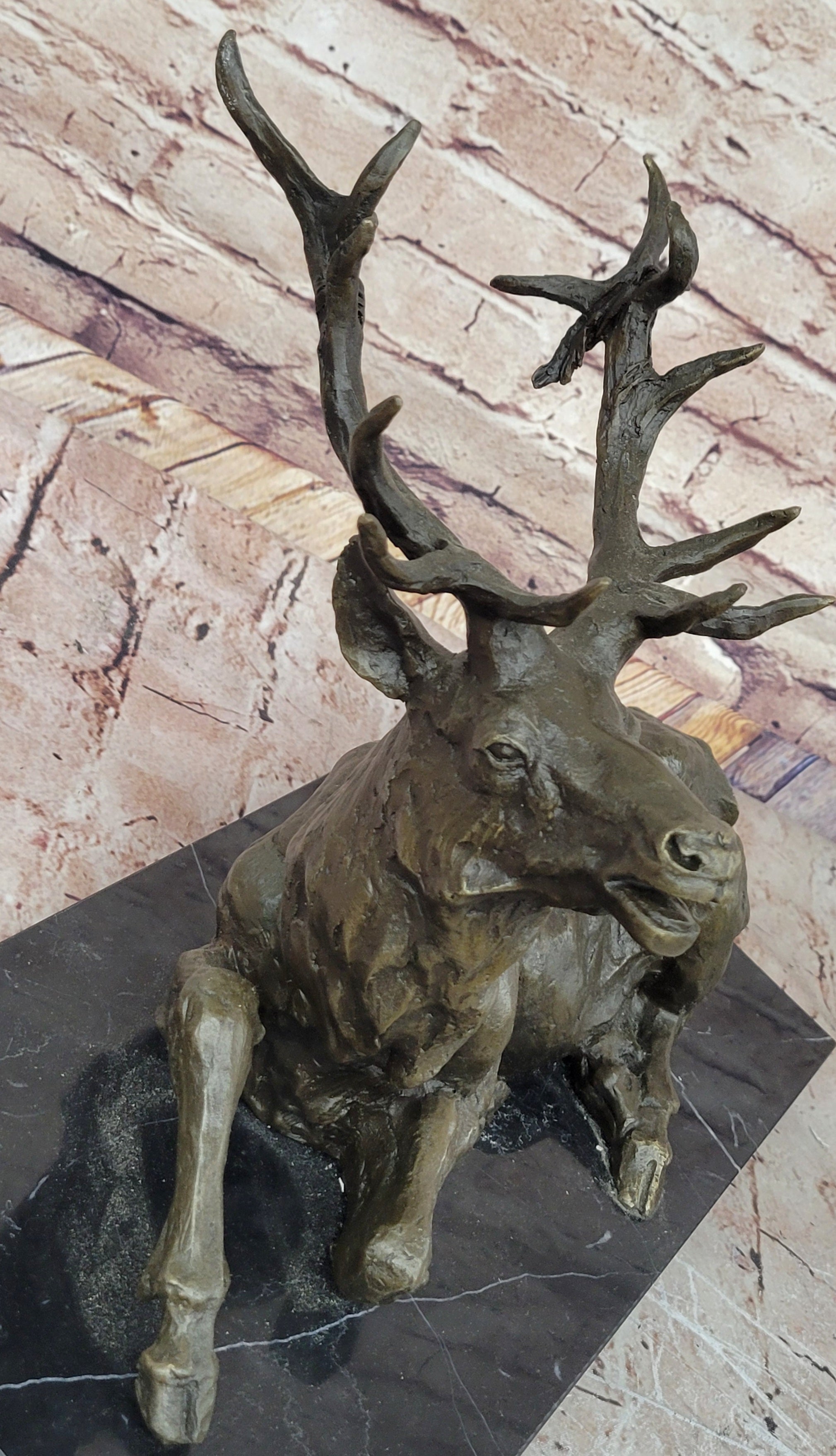 Stag Buck Elk Deer Laying Down - Bronze Wildlife Sculpture by Milo on Marble Base
