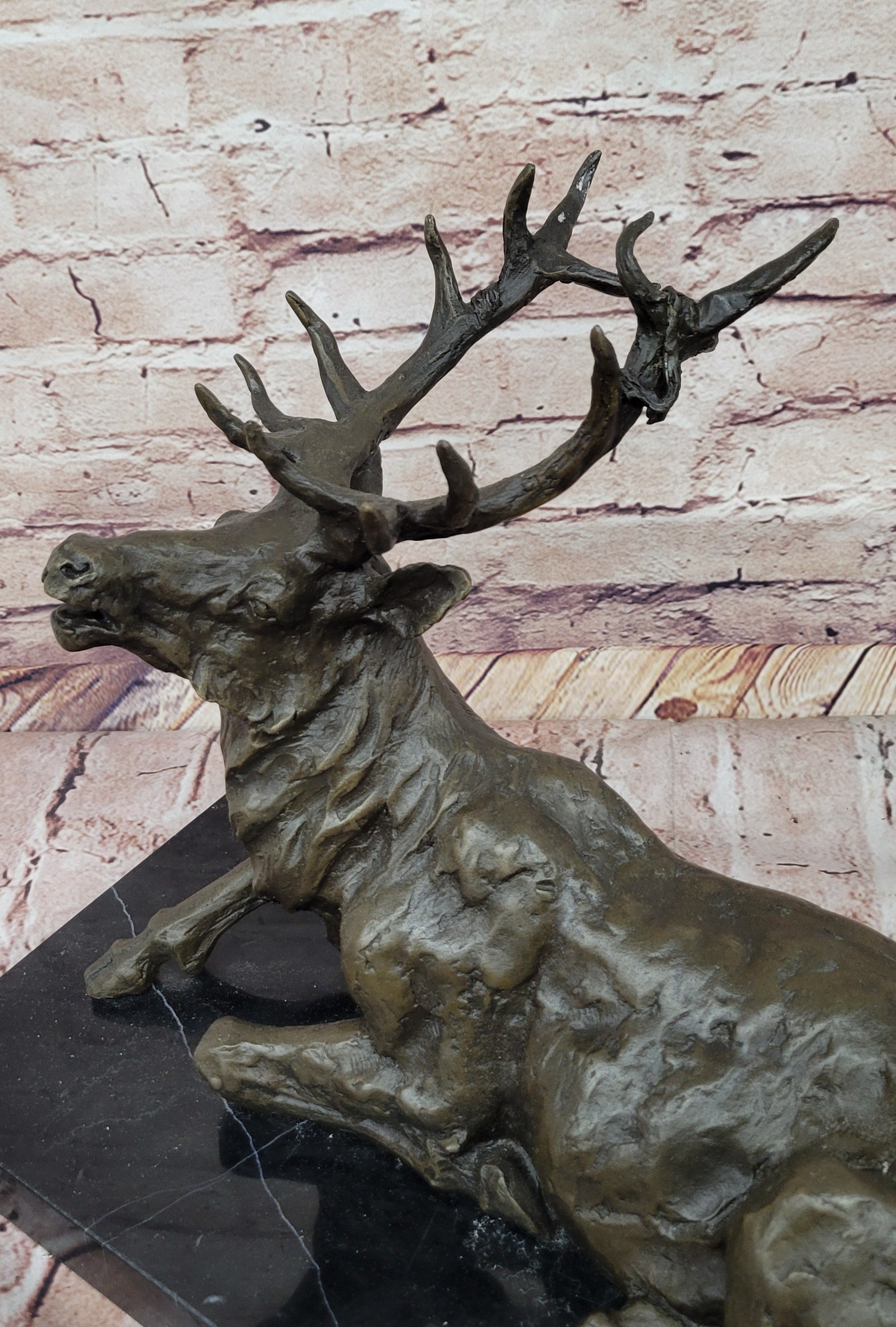 Stag Buck Elk Deer Laying Down - Bronze Wildlife Sculpture by Milo on Marble Base