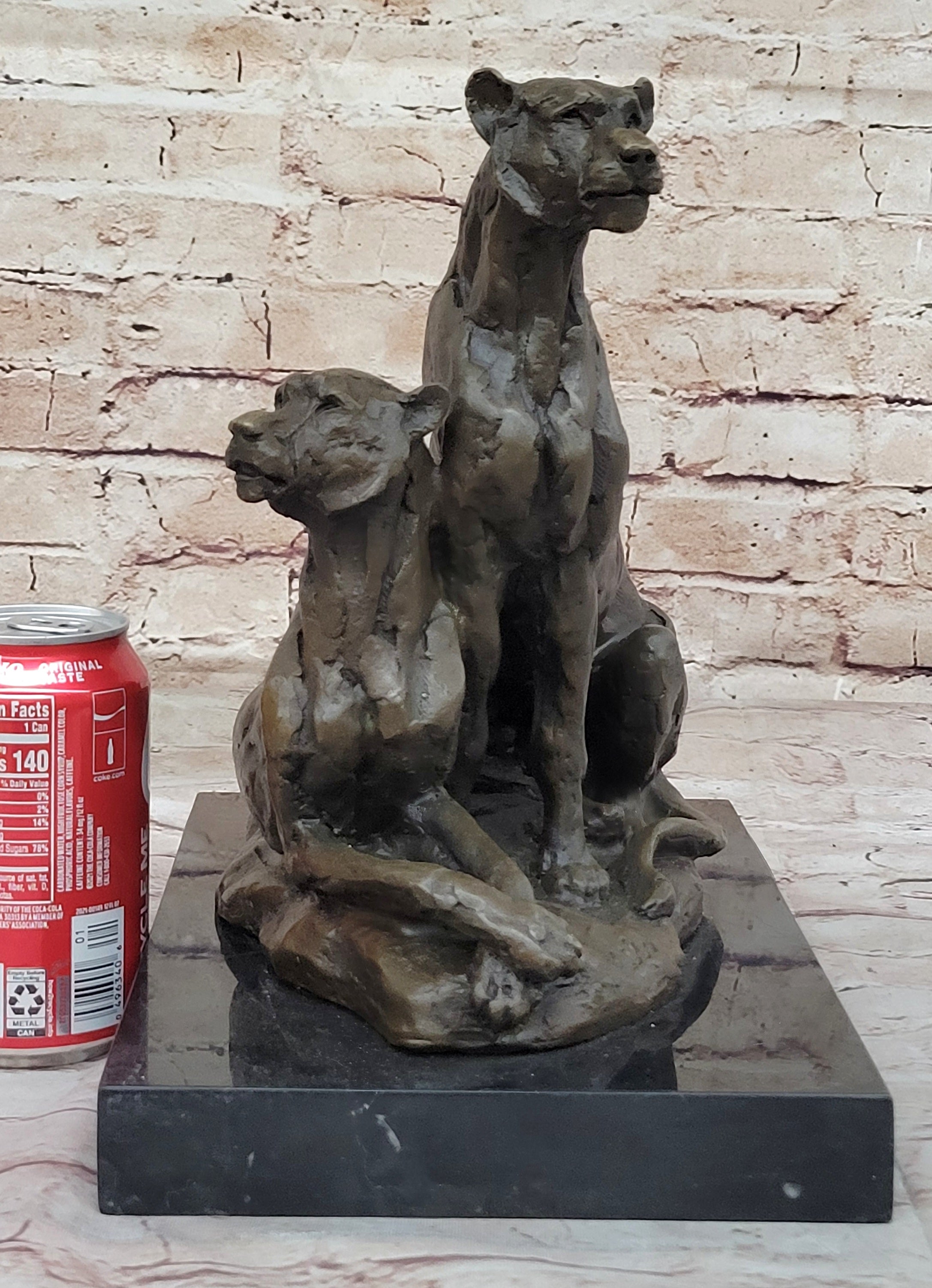 Impressionist Bronze Art Sculpture of a Pair of Female Lions Lionesses on Marble Base