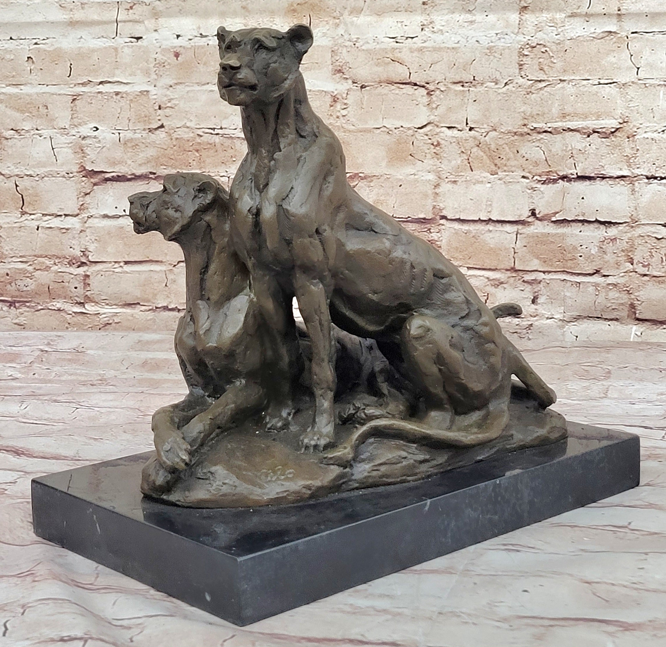 Impressionist Bronze Art Sculpture of a Pair of Female Lions Lionesses on Marble Base