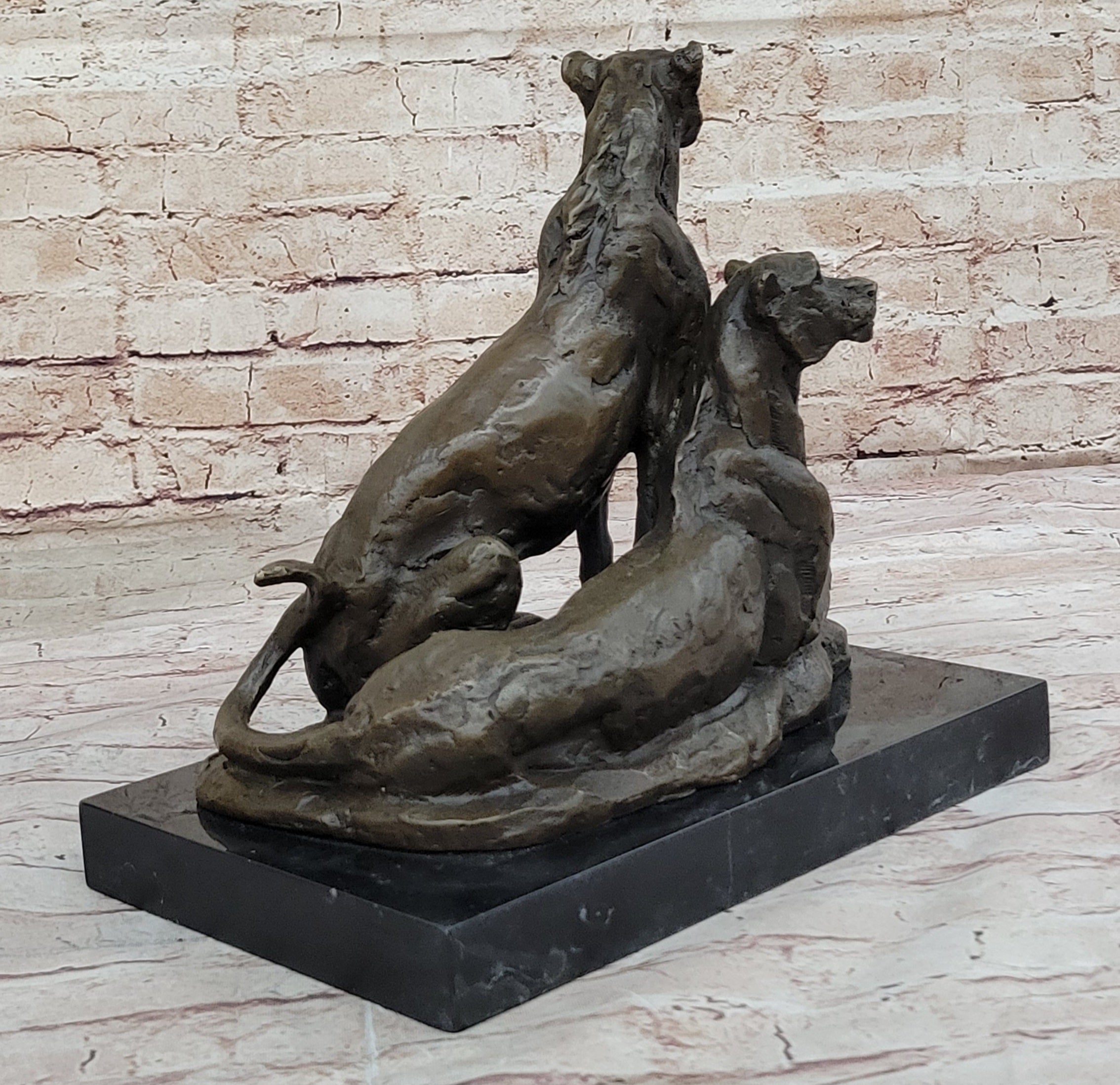 Impressionist Bronze Art Sculpture of a Pair of Female Lions Lionesses on Marble Base