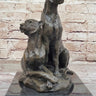 Impressionist Bronze Art Sculpture of a Pair of Female Lions Lionesses on Marble Base