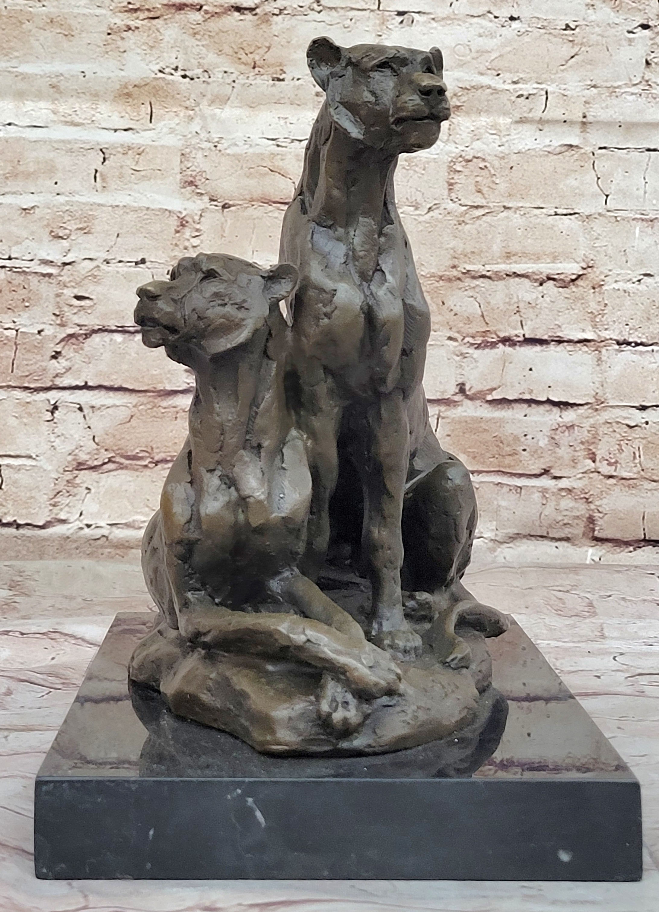 Impressionist Bronze Art Sculpture of a Pair of Female Lions Lionesses on Marble Base