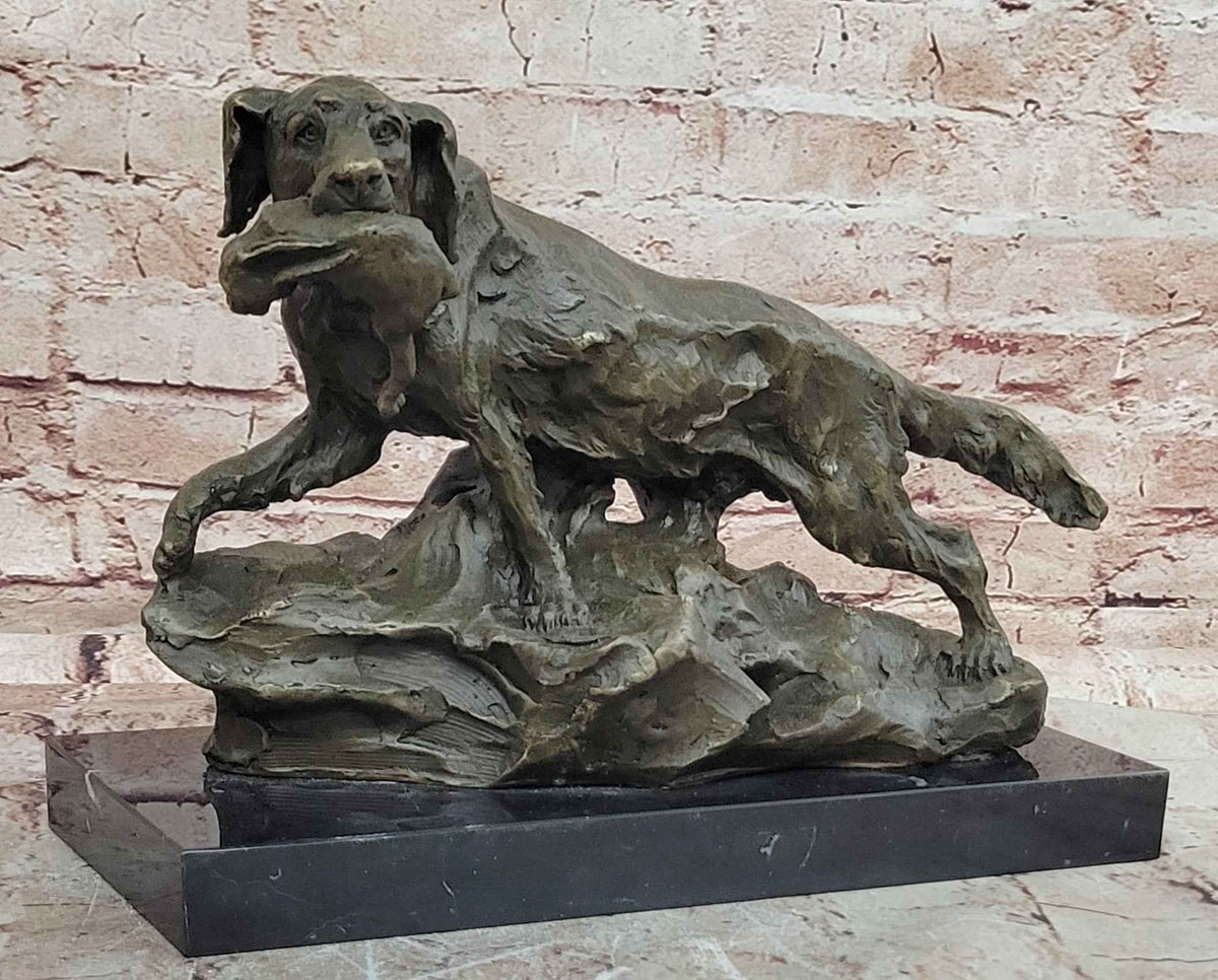 Bronze Hunting Dog with Game Bird Sculpture on Marble Base