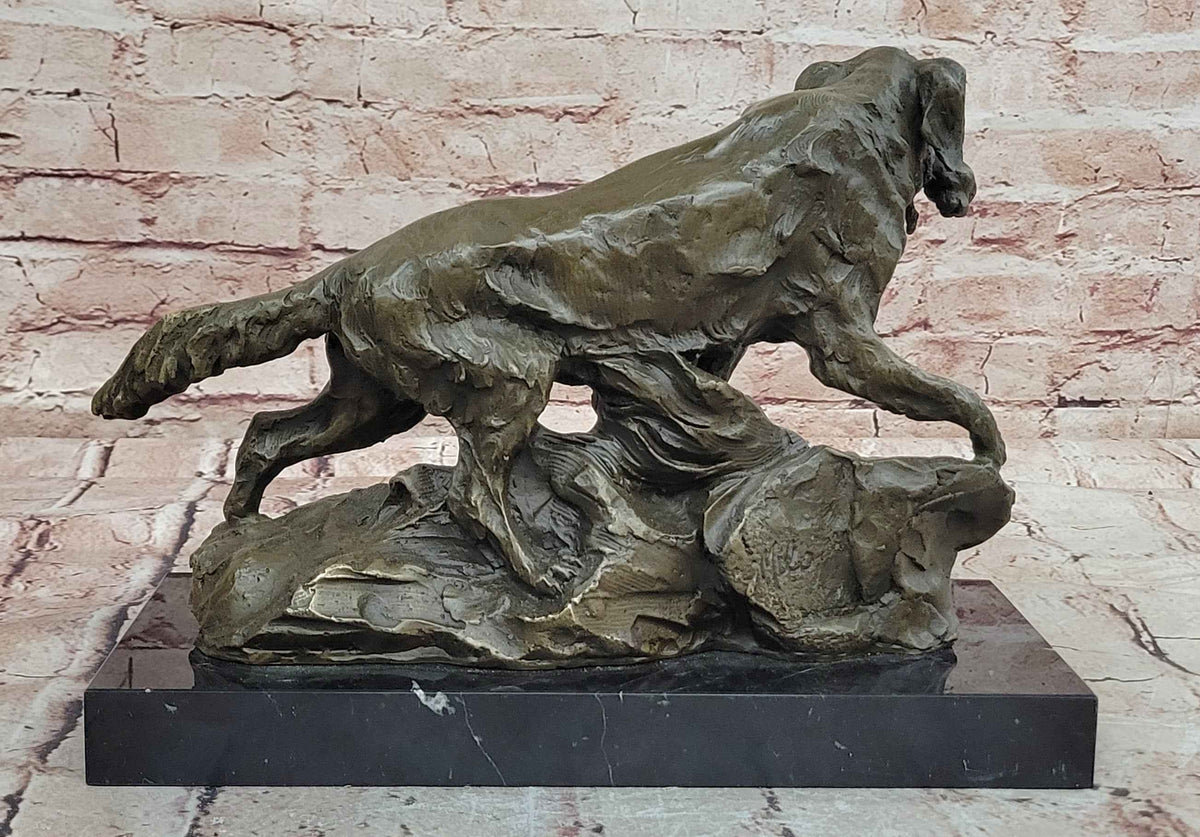 Bronze Hunting Dog with Game Bird Sculpture on Marble Base