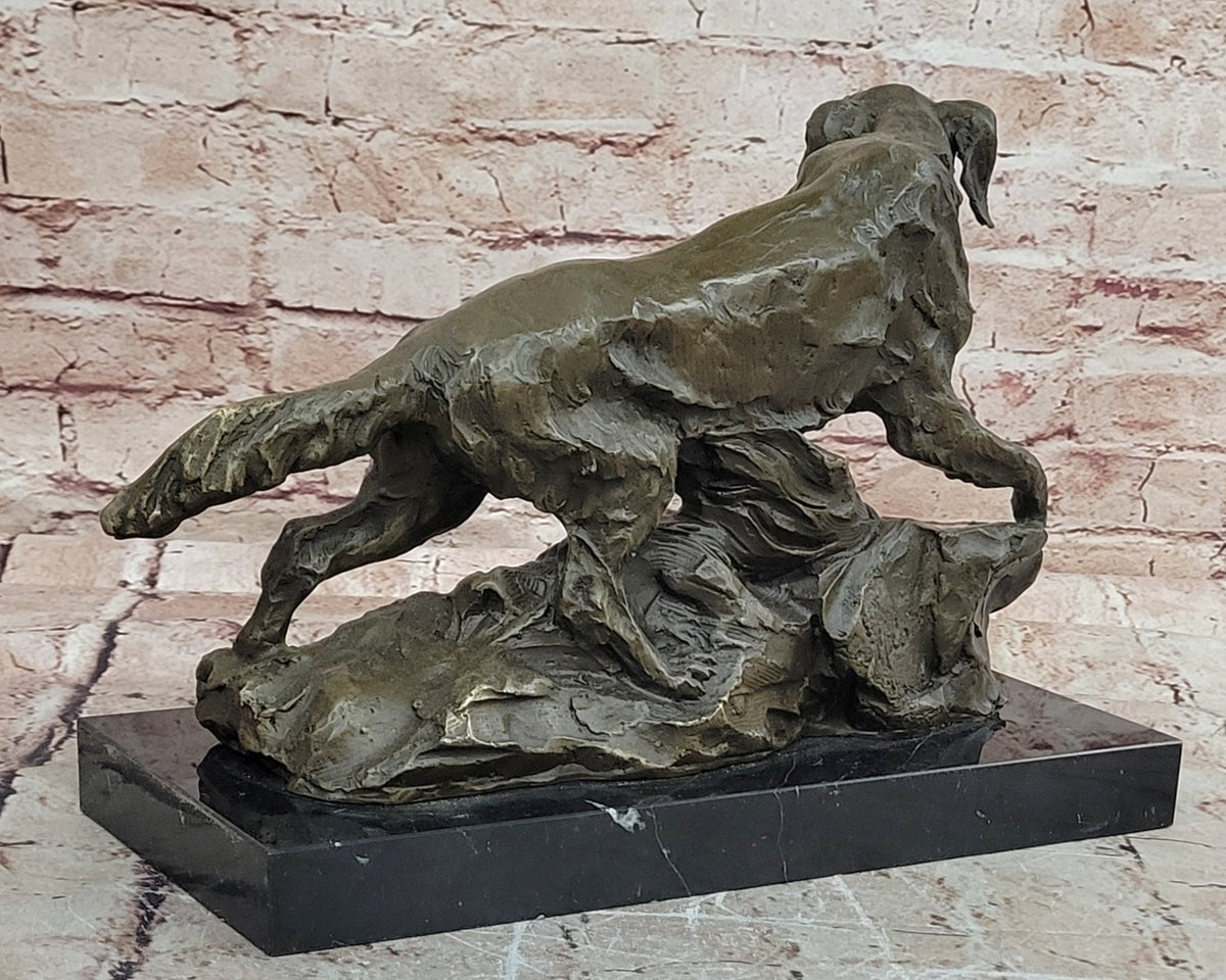 Bronze Hunting Dog with Game Bird Sculpture on Marble Base