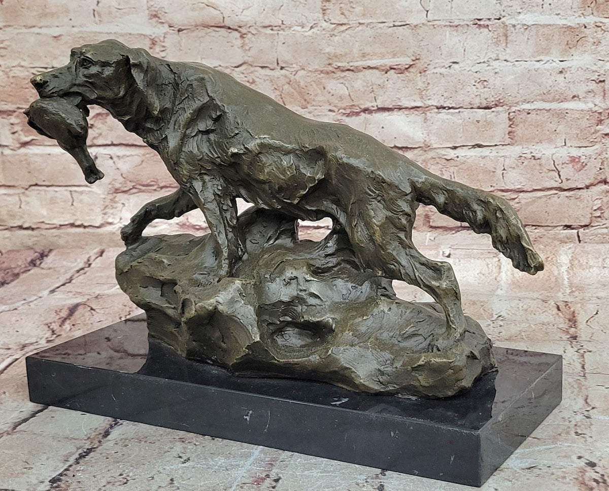 Bronze Hunting Dog with Game Bird Sculpture on Marble Base