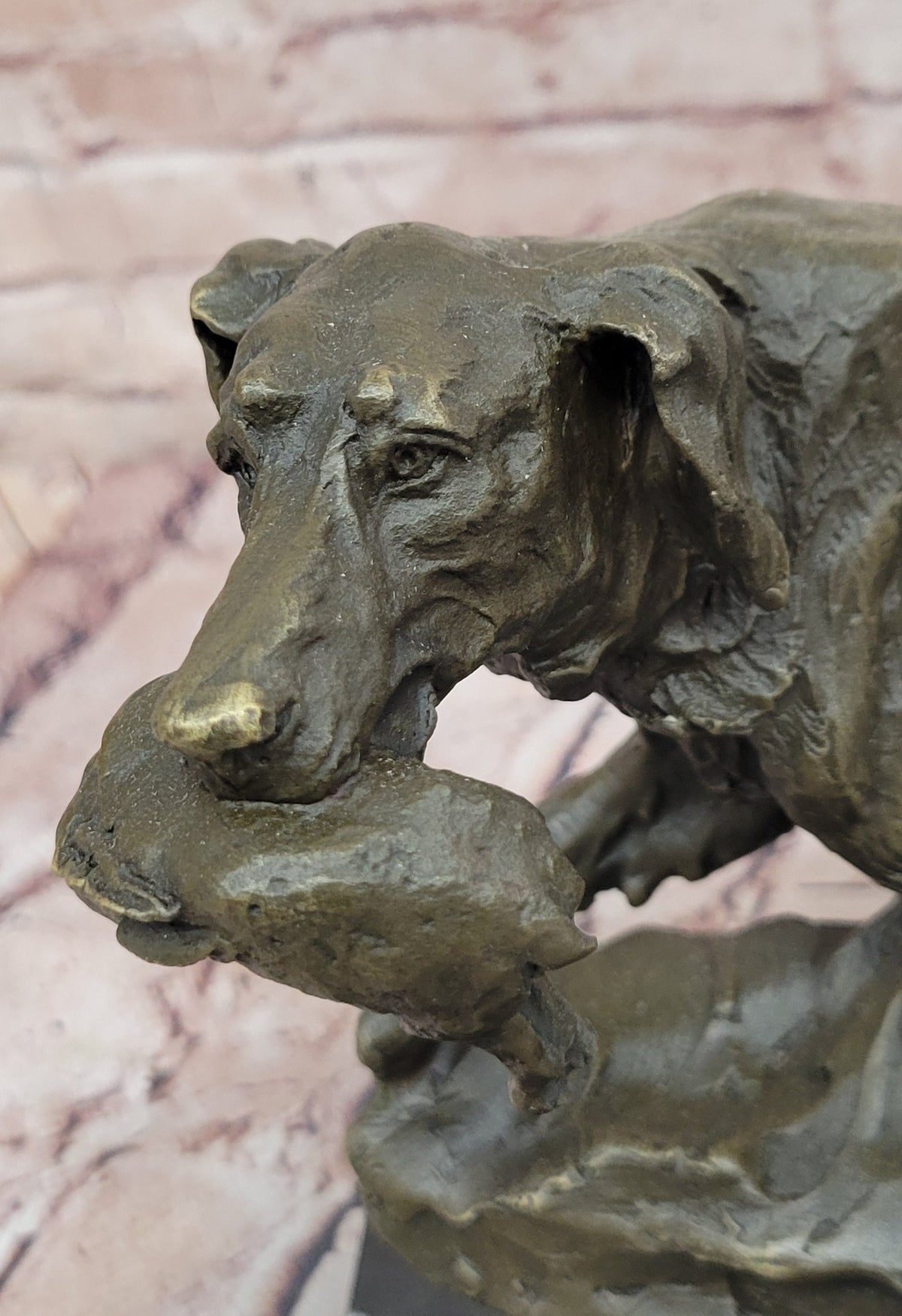 Bronze Hunting Dog with Game Bird Sculpture on Marble Base