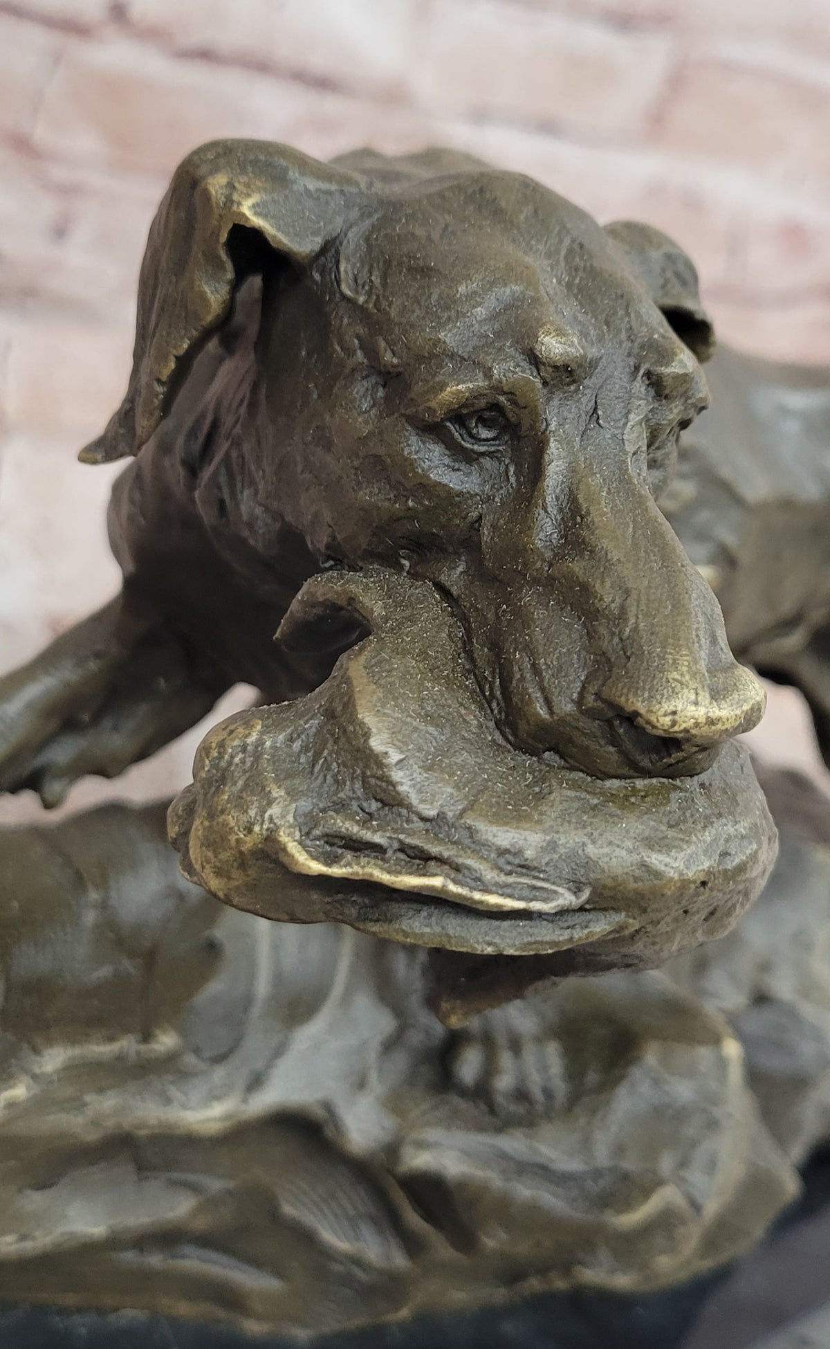 Bronze Hunting Dog with Game Bird Sculpture on Marble Base