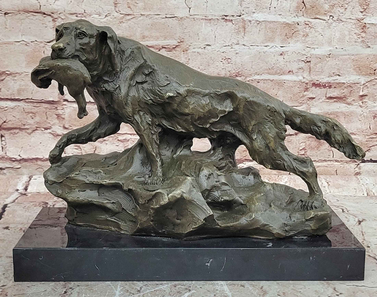 Bronze Hunting Dog with Game Bird Sculpture on Marble Base