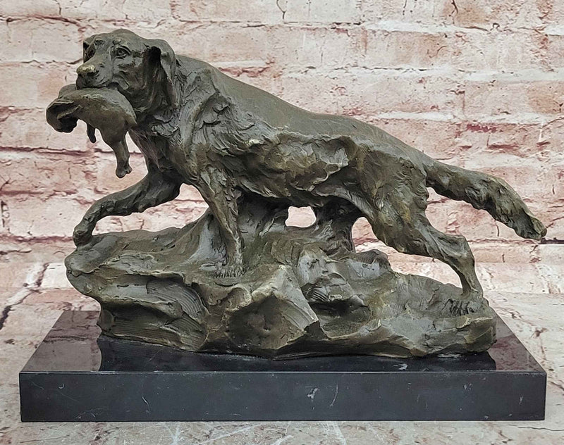 Bronze Hunting Dog with Game Bird Sculpture on Marble Base