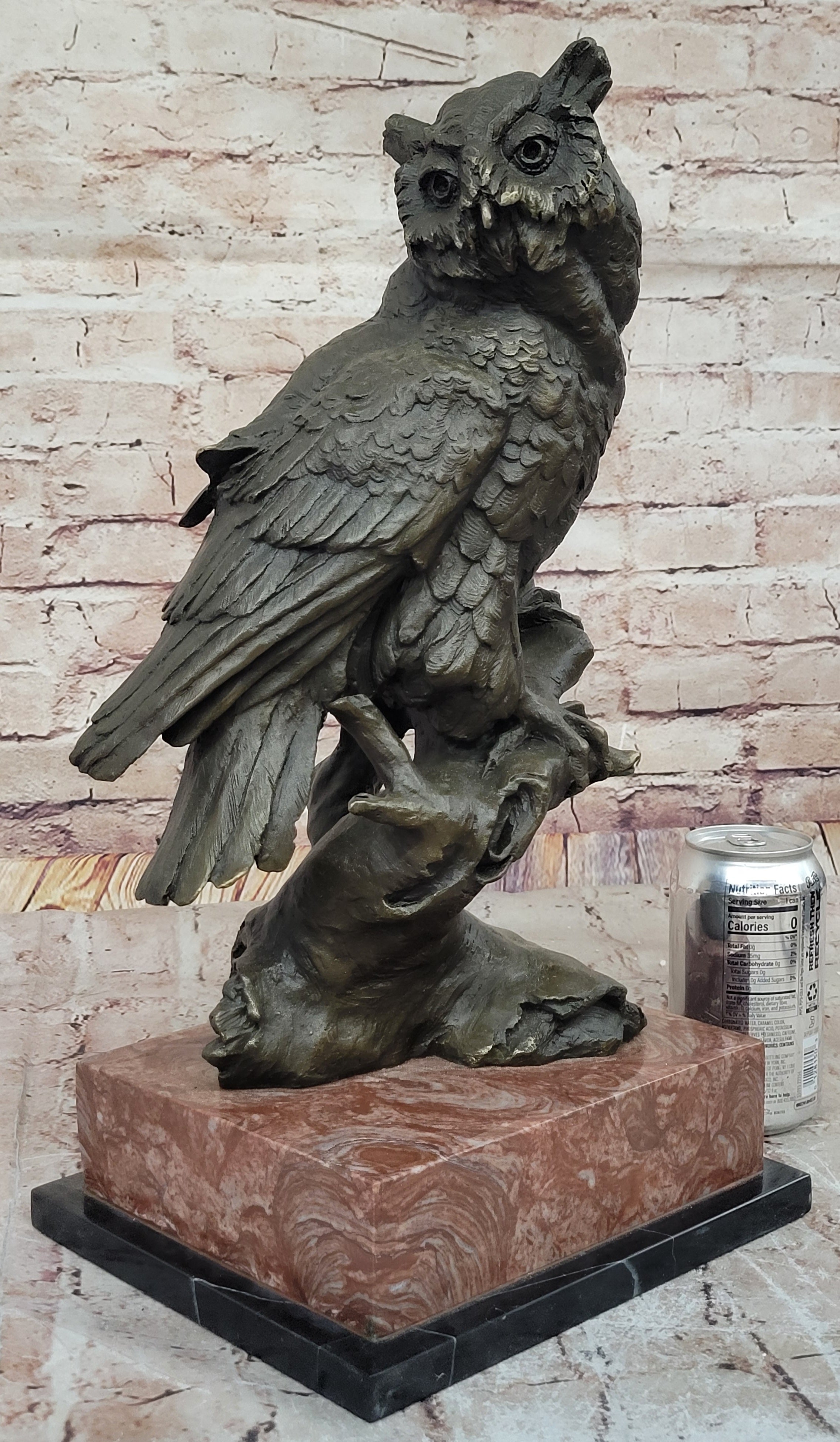 Milo Watchful Owl on Branch; Intricately Detailed Bronze Sculpture with Marble Base