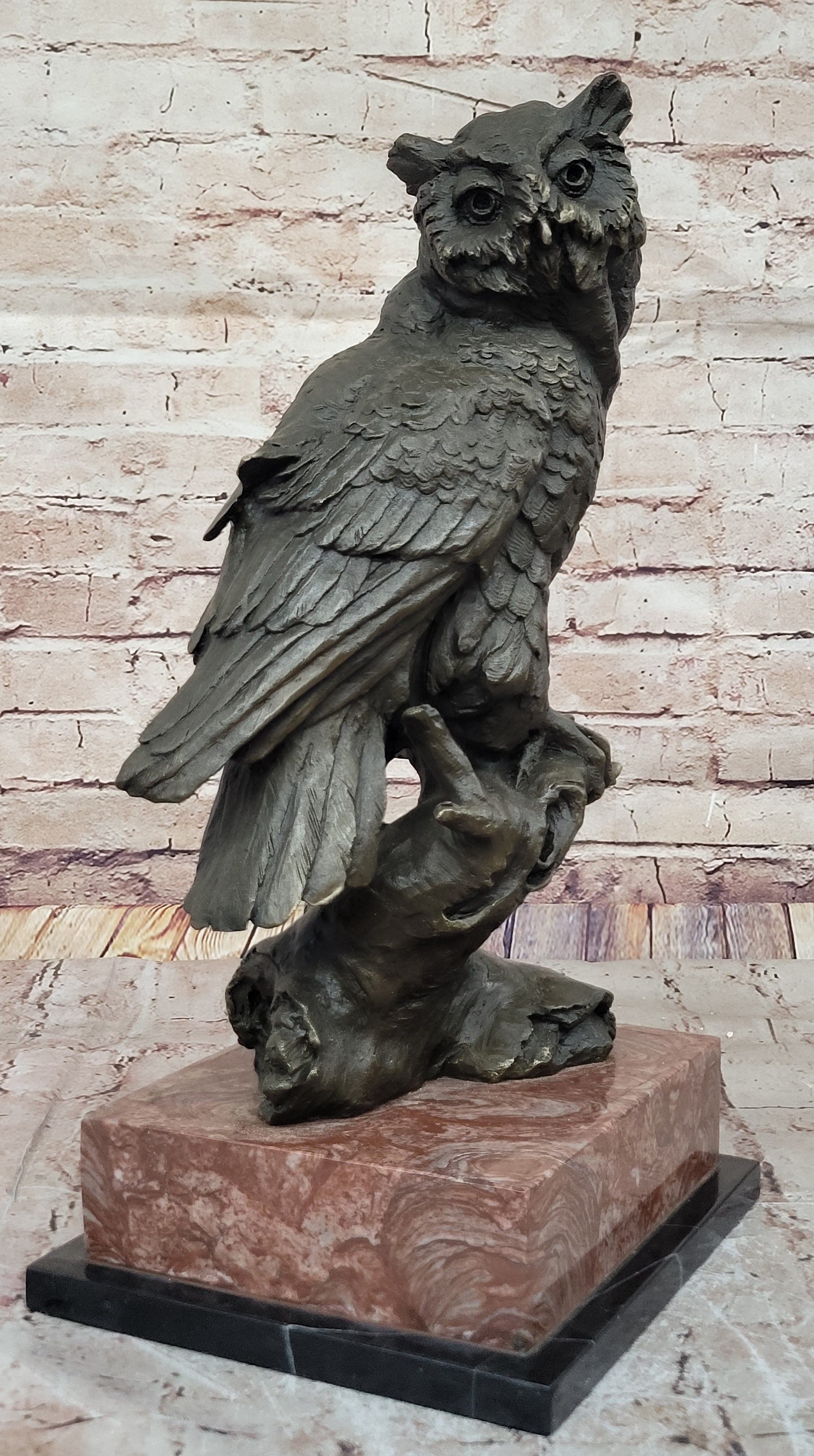 Milo Watchful Owl on Branch; Intricately Detailed Bronze Sculpture with Marble Base
